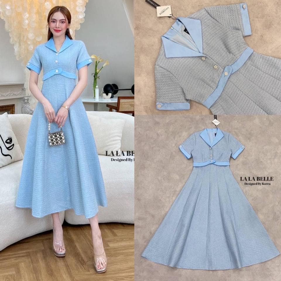 เดรสผ้าทวิตคอวีแต่งปกแขนสั้น ปลายแขนพับแต่งกระดุมด้านหน้า ใส่สบาย สินค้าคุณภาพ (พร้อมส่ง)