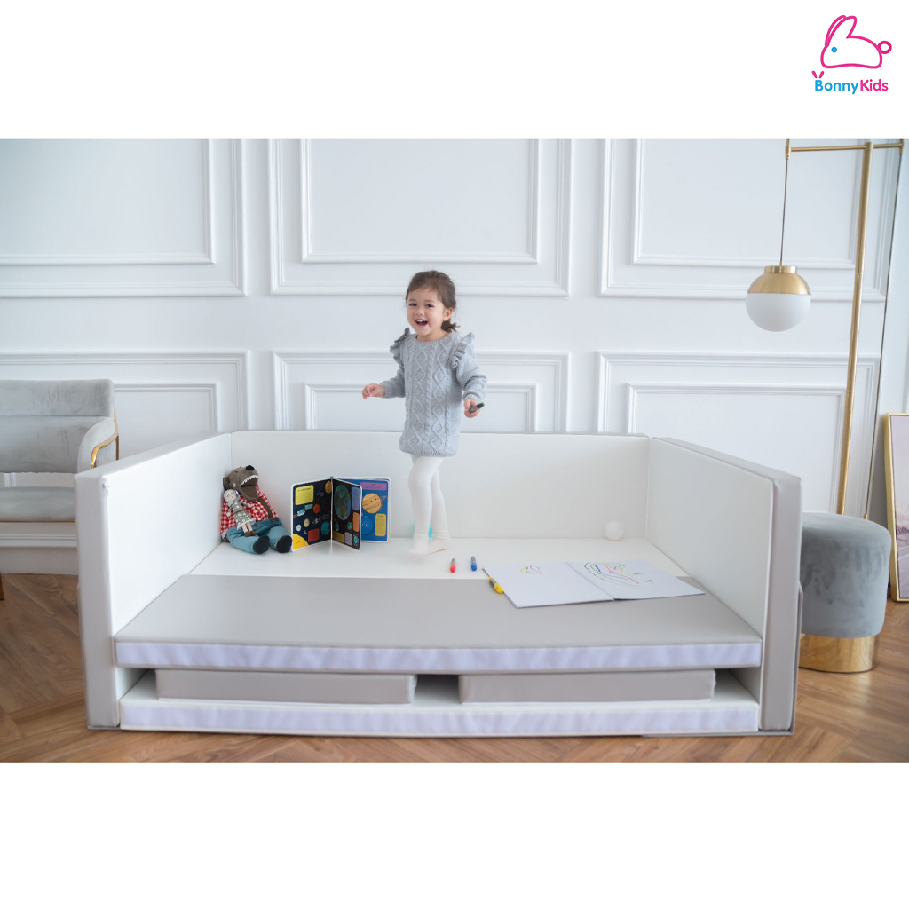 Geko คอกกั้น คอกกั้นเด็กปลอดสารพิษ รุ่นหนังPU และ หนัง Silicone สีเทา-ขาว