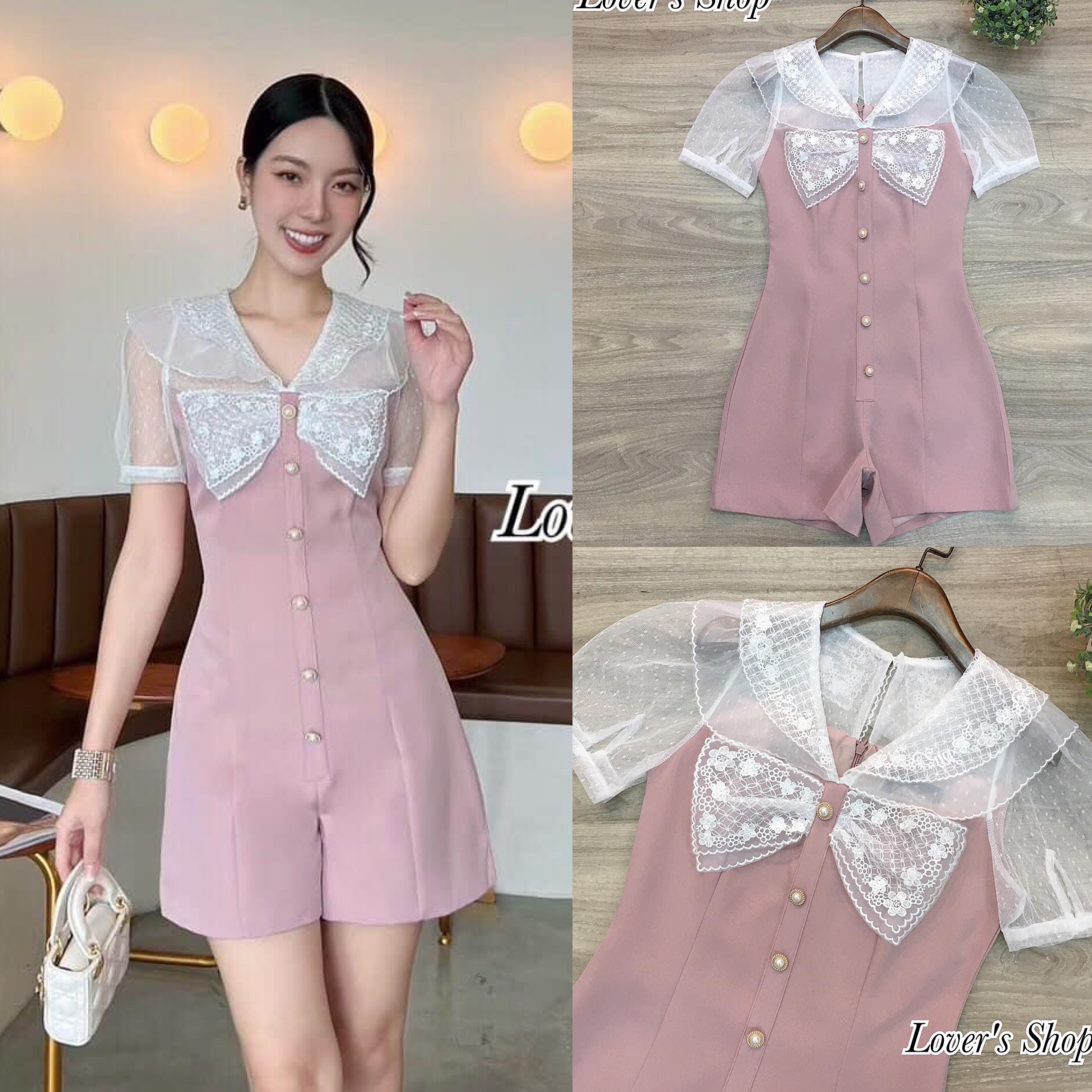 จั้มสูทกางเกงขาสั้น ดีเทลช่วงบนเป็นผ้าลูกไม้เนื้อนุ่ม คอปกน่ารัก ช่วงอกแต่งโบว์ ช่วงกางเกงเป็นผ้าพื้นอัดผ้ากาวอย่างดี สินค้าคุณภาพ (พร้อมส่ง)