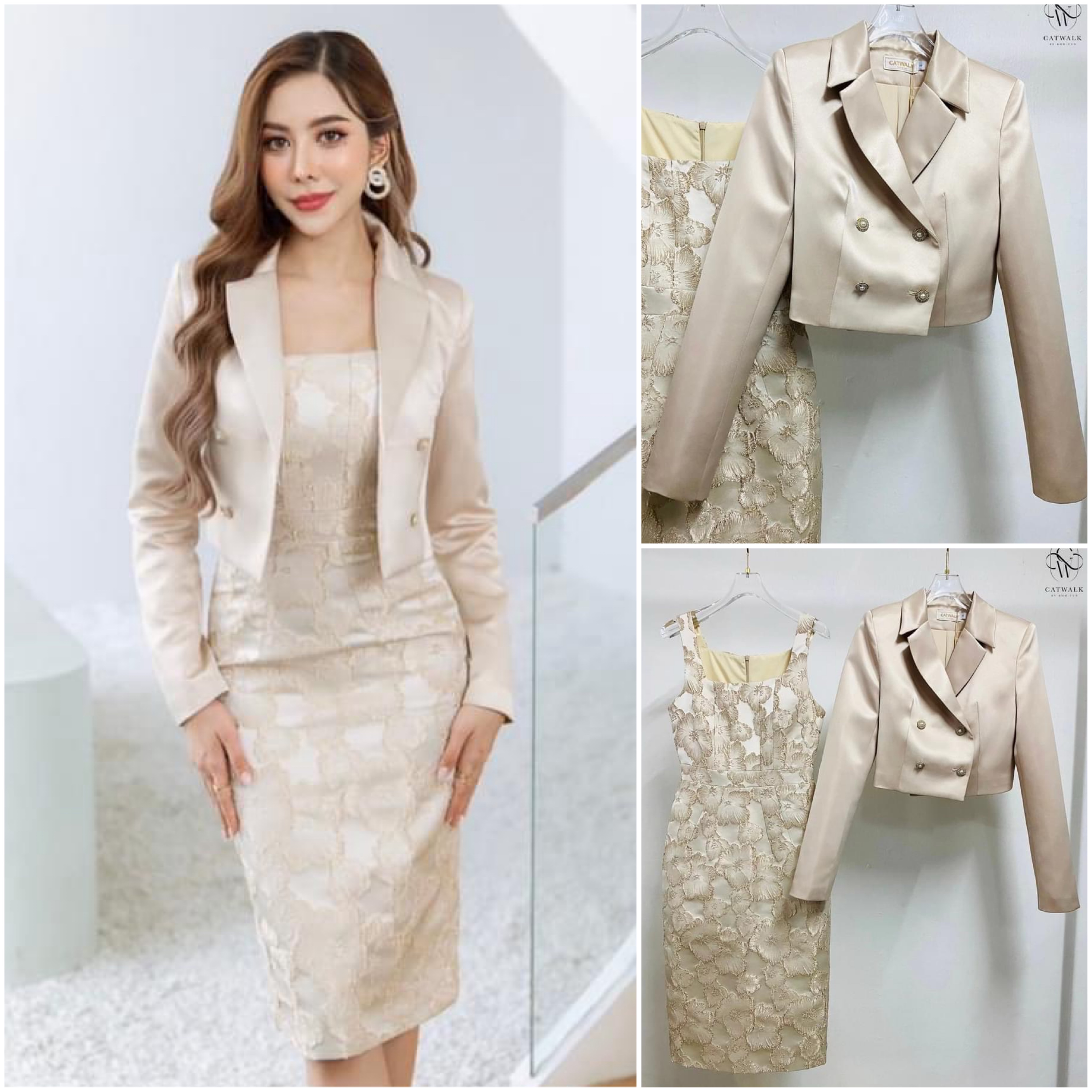 เซตเดรสผ้าทอลาย+เสื้อสูทครอป เนื้อผ้าเกรดเอ ผ้าสวยมาก ใส่สบาย สินค้าคุณภาพ (พร้อมส่ง)