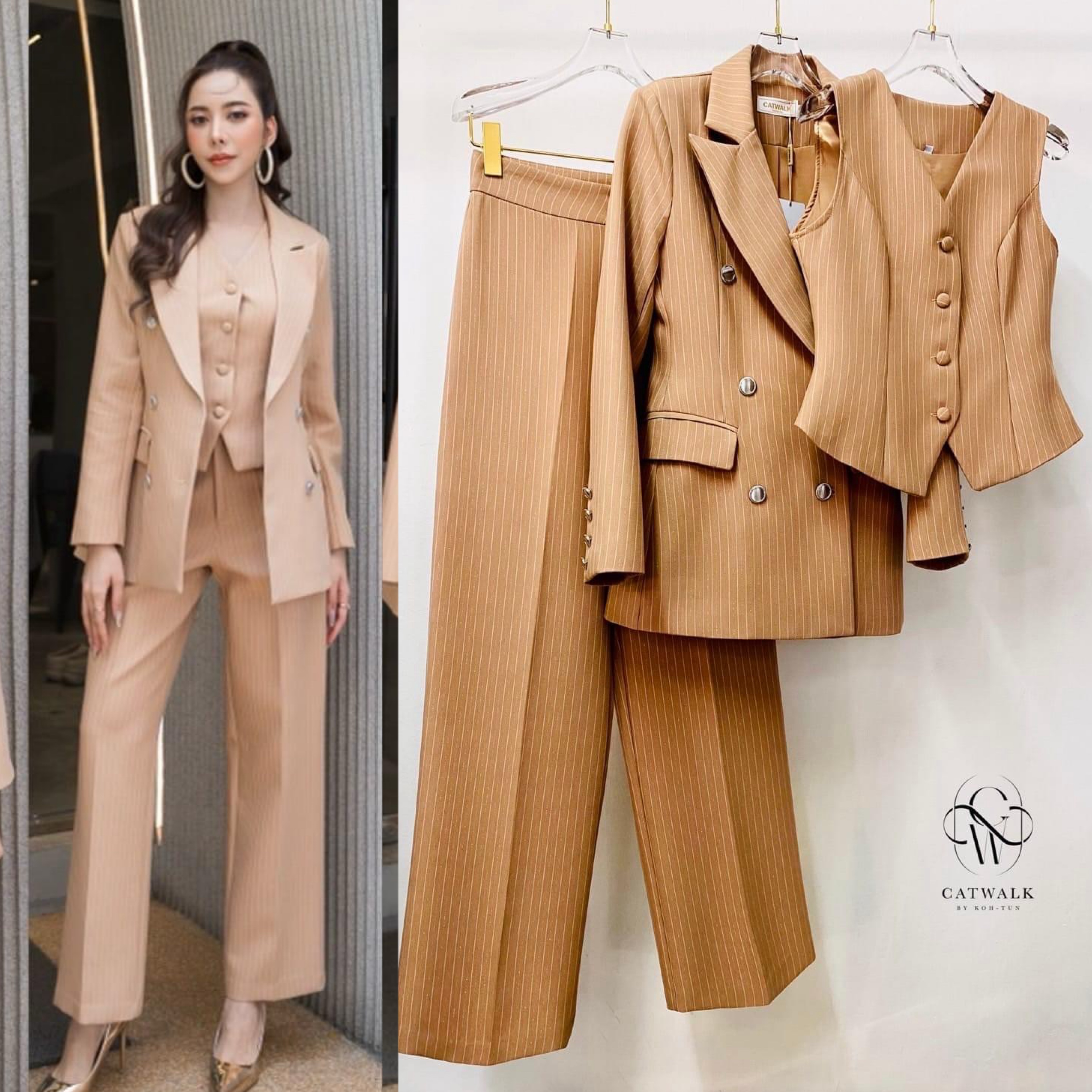 BLAZER 3 ชิ้น ตัว BLAZER เป็นทรงเข้ารูป+ เสื้อ Vest ทรงเข้ารูปคอวี + กางเกงทรงขากระบอกตรง เนื้อผ้าทอลายในตัว เกรด hiend เนื้อผ้าสวยมาก ใส่สบาย : สินค้าคุณภาพ (พร้อมส่ง)