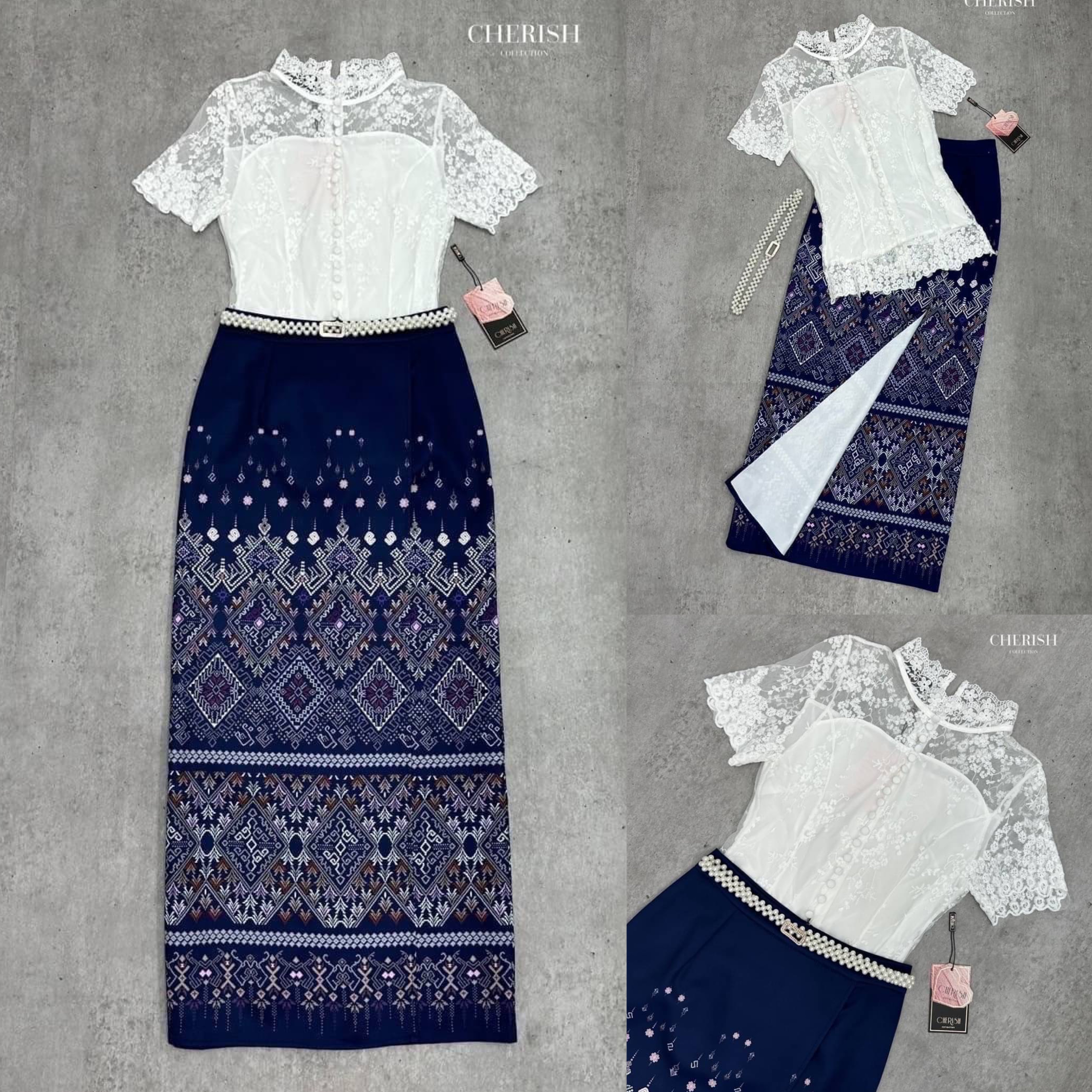 ชุดไทย เซ็ตงานบุญ 3 ชิ้น เสื้อลูกไม้เนื้อผ้าฝรั่งเศสเสริมซับในอย่างดี ใส่คู่ผ้าถุงสำเร็จเนื้อผ้าใส่สบาย จัดเข็มขัดมุกเกรดดีมาให้ครบเซ็ต สินค้าคุณภาพ (พร้อมส่ง)