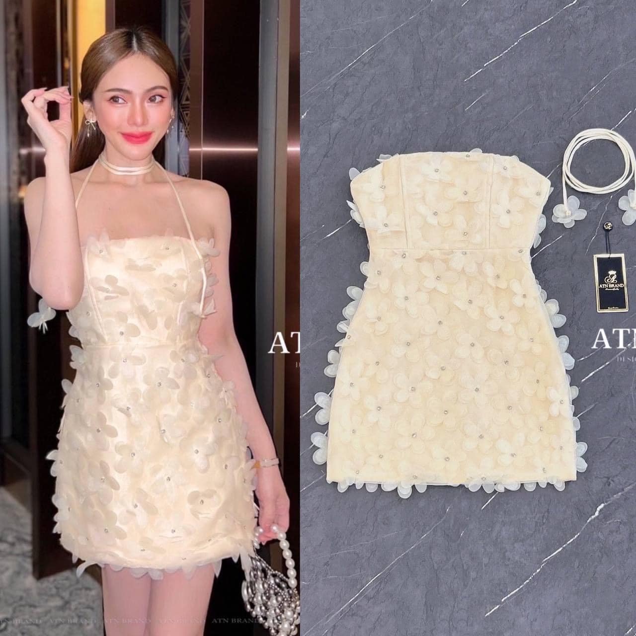 มินิเดรสเกาะอก สีครีมทอง ปักดอกไม้ฉ่ำๆทั้งตัว ใส่สบาย สินค้าคุณภาพ (พร้อมส่ง)