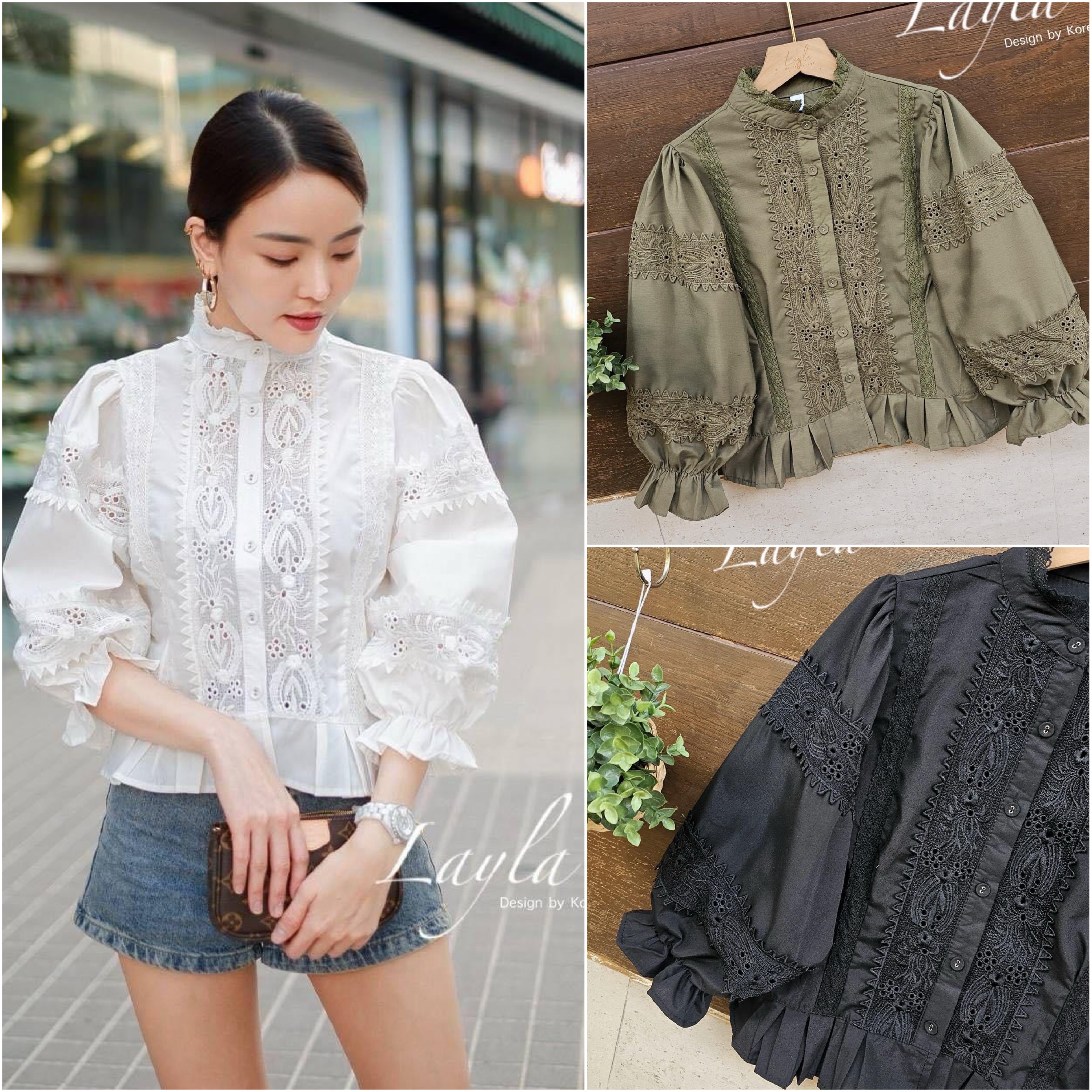 เสื้อเชิ้ตคอตตอนคอปีนแต่งลูกไม้ ปักสวยๆ ดีเทลแน่น ทรงแขนพอง งานสวยหรูอลังกาลมากค่ะ ใส่สบาย : สินค้าคุณภาพ (พร้อมส่ง)