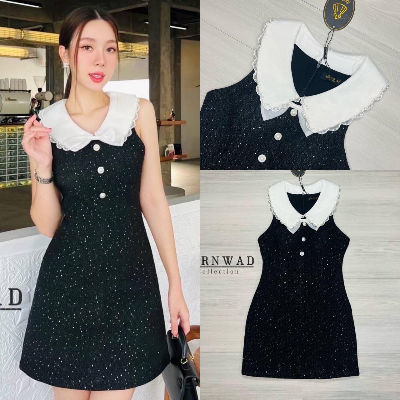 Detail : มินิเดรสแขนกุด คอปกแต่งลูกไม้หยักขอบน่ารักๆ มาพร้อมกับเข็มกลัดโบว์ ใส่สบาย : สินค้าคุณภาพ (พร้อมส่ง)