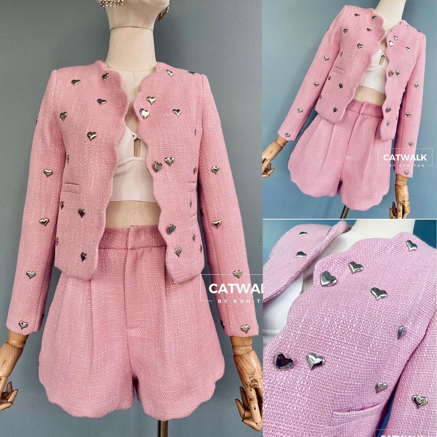 เซตเสื้อคลุมผ้าทวีตชาแนลแต่งหมุดรูปหัวใจ +กางเกงขาสั้นทรงสวย เนื้อผ้าทวีตเกรดเอ ตัวเสื้อ เป็นทรงกึ่งเข้ารูป ขอบเสื้อตัดเย็บเป็นทรงโค้งหยัก ทั้งตัวน่ารักมาก : สินค้าคุณภาพ (พร้อมส่ง)