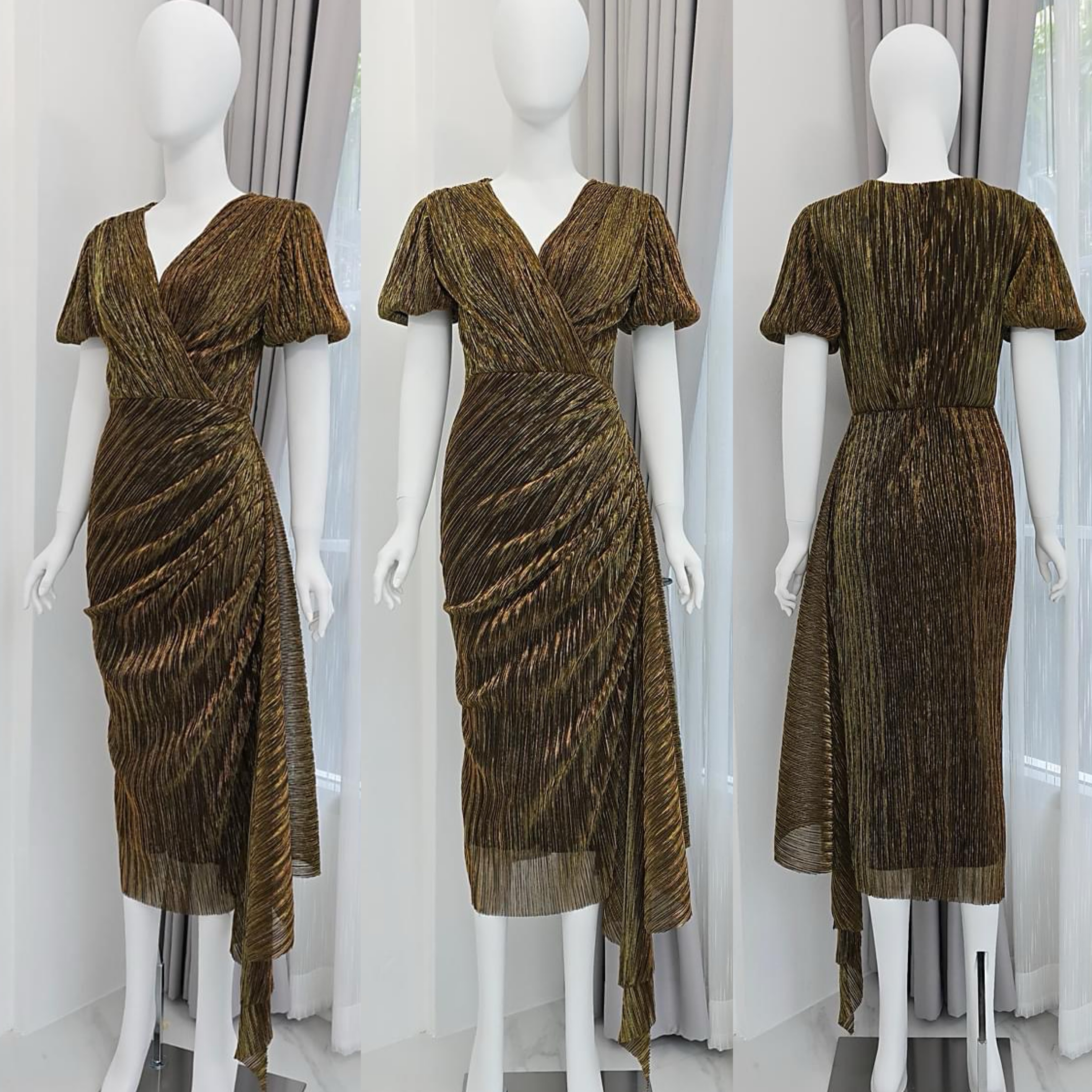 เดรสเสื้อคอป้าย แขนบอลลูน กระโปรงทรง สอบจับเดรป แต่งชายระบายยาว ใส่สบาย : สินค้าคุณภาพ (พร้อมส่ง)