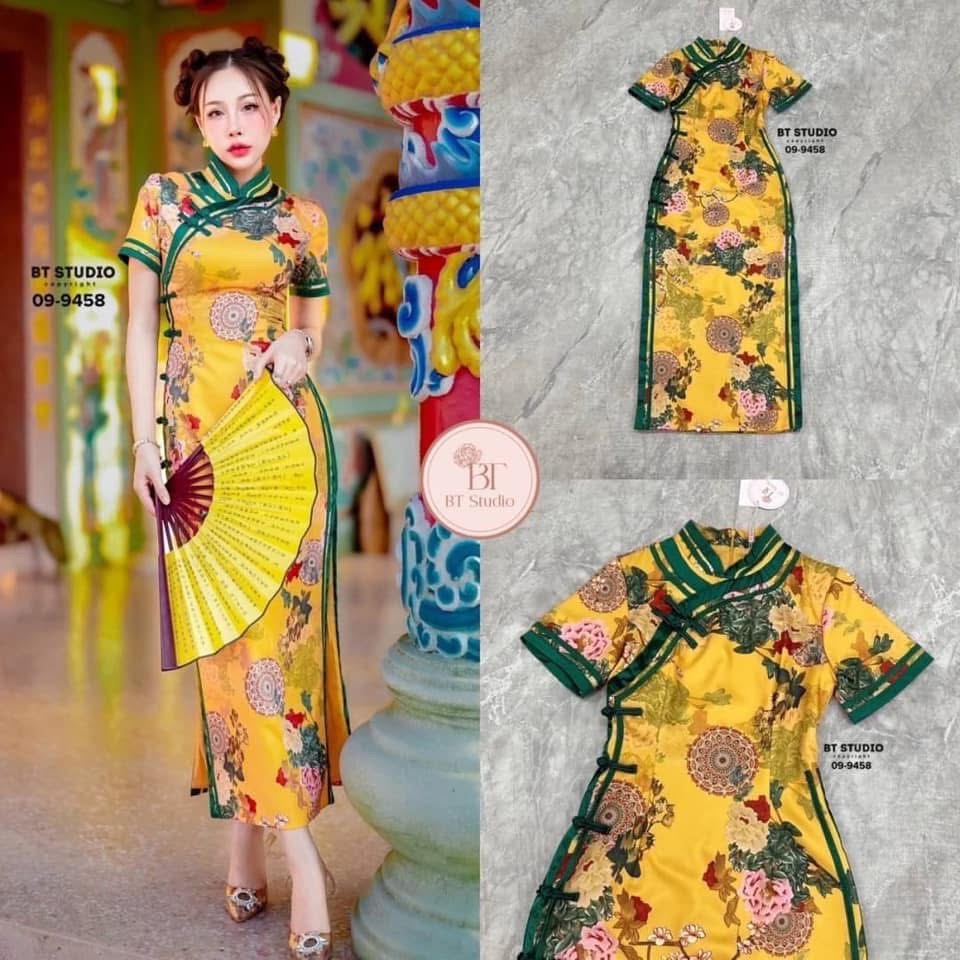 เดรสกี่เพ้าคอจีนแต่งกระดุมและกุ้นแทบจีน ตัดลายผ้าลายดอกไม้ งานสวย หรู ดูแพง คัตติ๊งสวยมาก ๆ ค่ะ ใส่สบาย : สินค้าคุณภาพ (พร้อมส่ง)