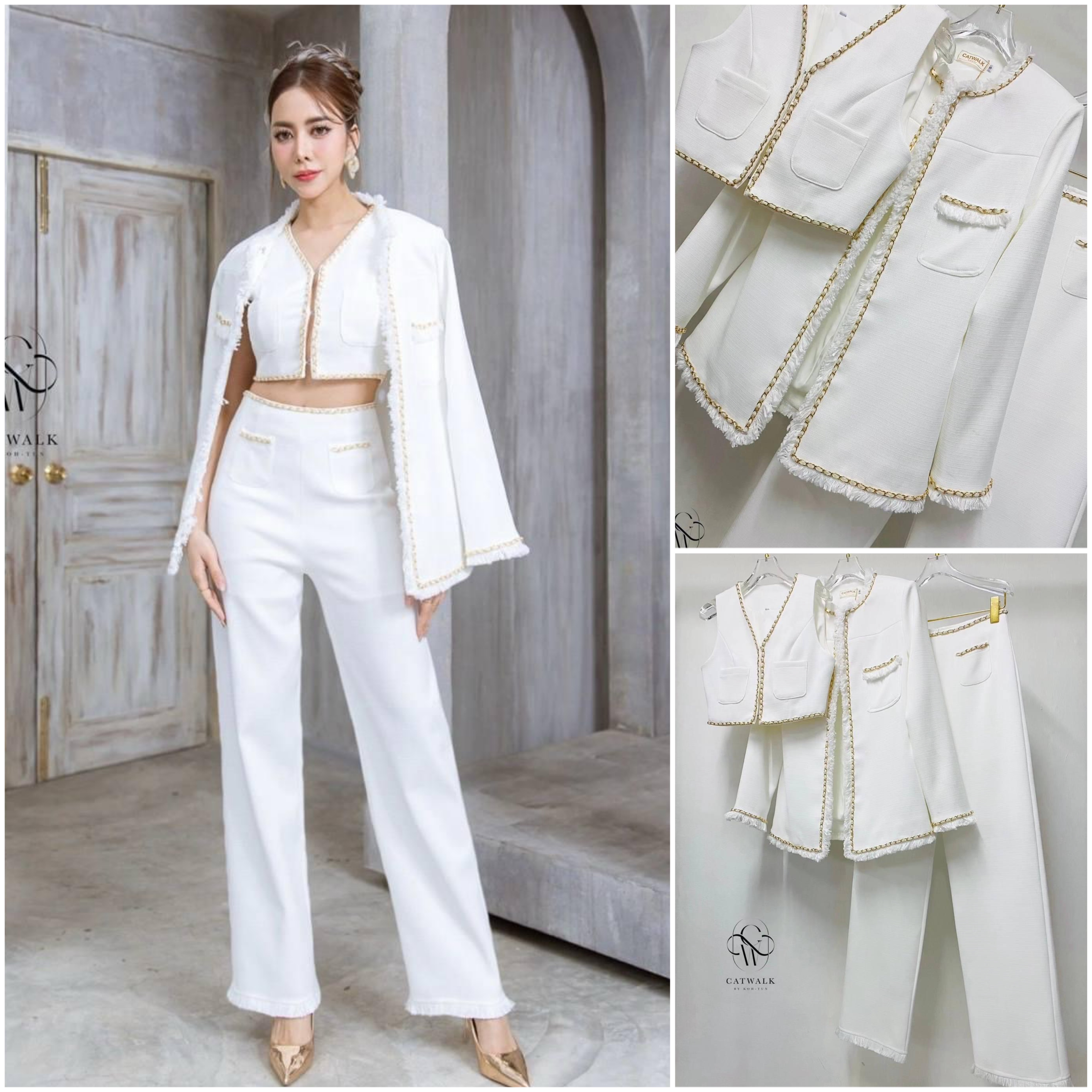 เซต 3 ชิ้น ผ้าทวิตเกรดA แต่งโซ่ทอง ตัวเสื้อกั๊กด้านในเป็นครอปคอวีแขนกุด แต่งขอบด้วยโซ่ทองร้อยริบบิ้นกำมะหยี่สี+เสื้อคลุมทรงกึ่งเข้ารูป+กางเกงเอวสูงทรงขากระบอก สินค้าคุณภาพ (พร้อมส่ง)