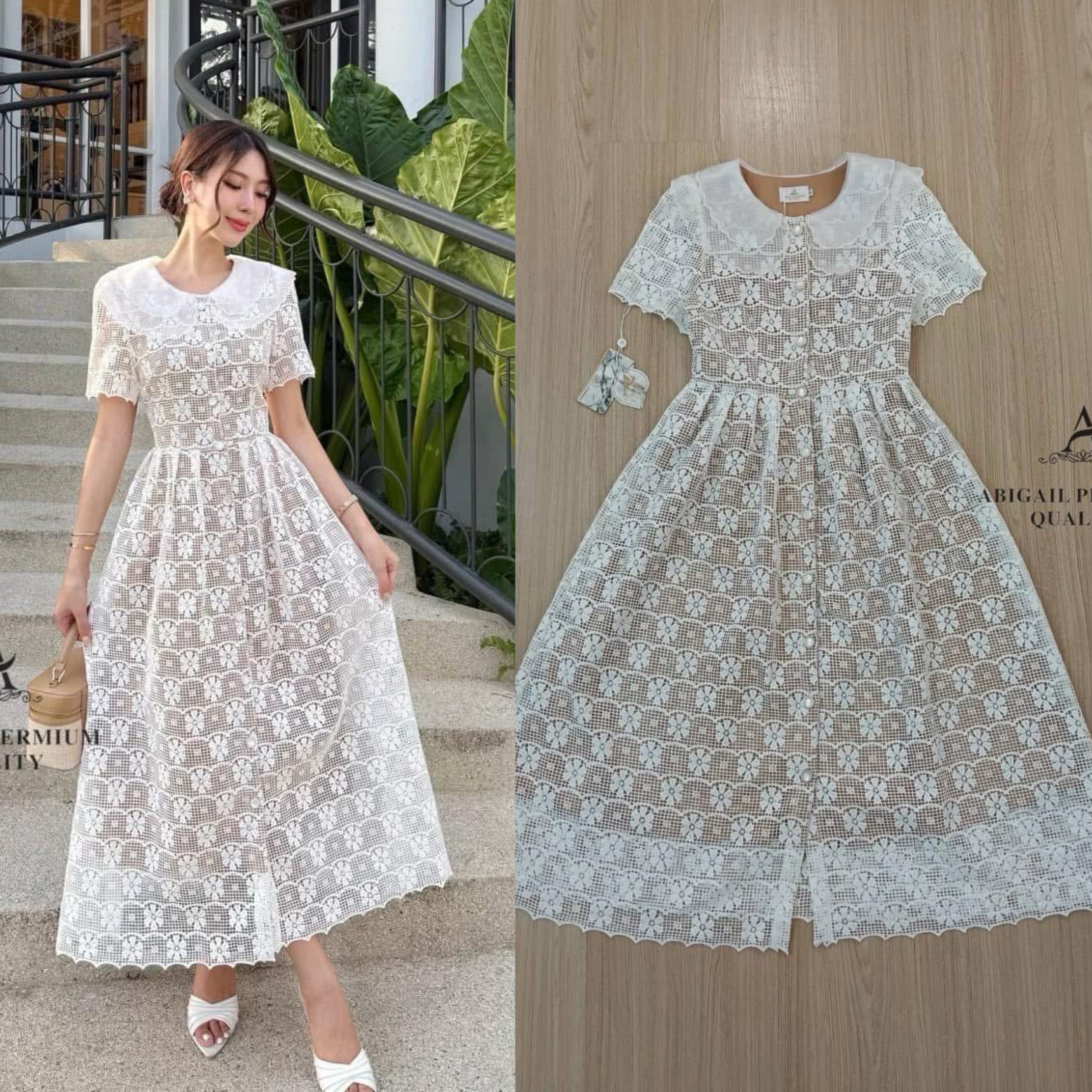 เดรสยาวผ้าลูกไม้ฉลุเกรดพรีเมียม ช่วงคอแต่งระบาย2ชั้น ซับในสีเนื้อผ้าหนาอย่างดี งานกระดุมหน้าเพื่อให้ง่ายต่อการสวมใส่ ทรงสวย ใส่สบาย : สินค้าคุณภาพ (พร้อมส่ง)