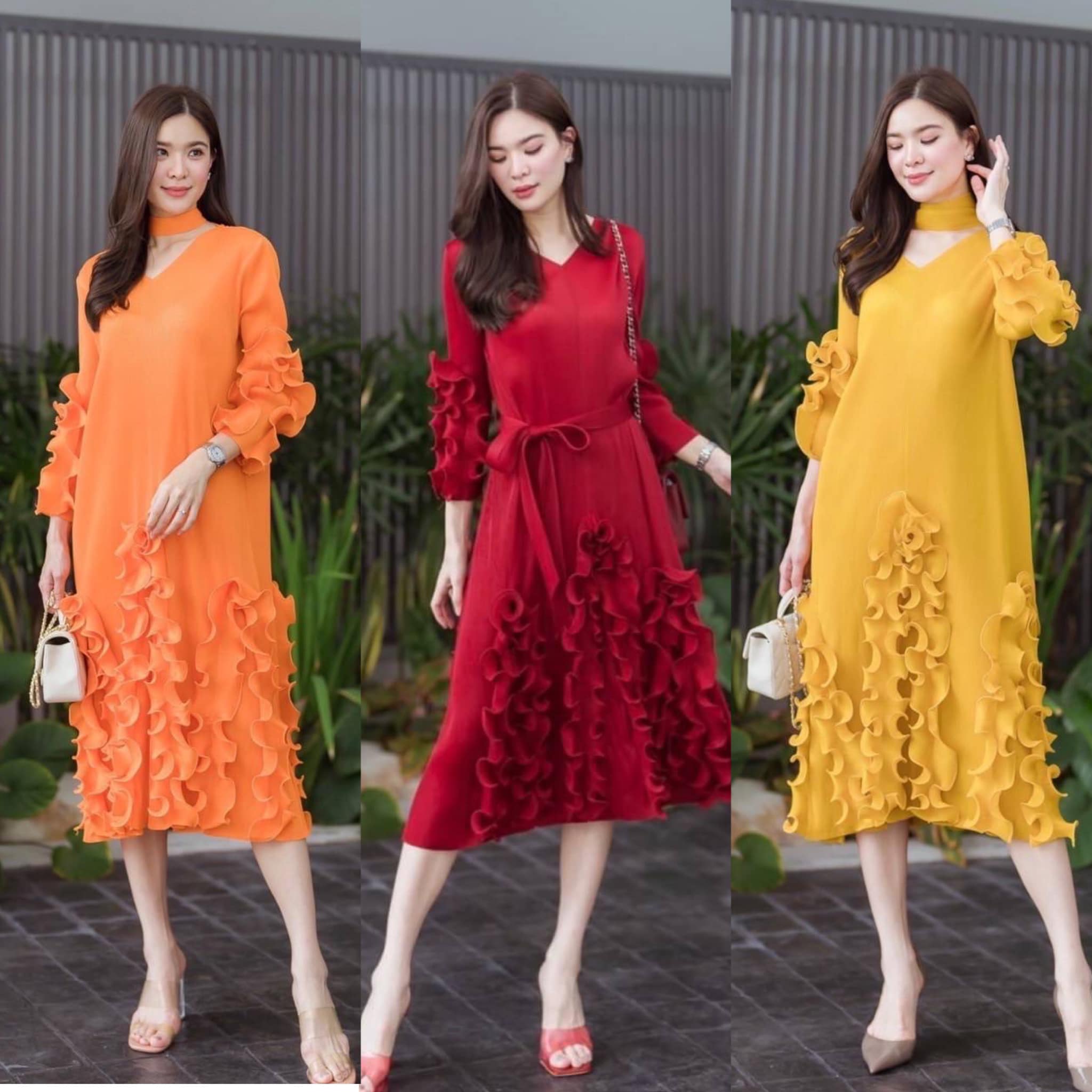 เดรสอัดพลีท งาน AA Premium 🥰 แพตเทิร์นคอวี แขน 3 ส่วน ดีเทลแต่ง แขนพุ่ม 👍🏻 สินค้าคุณภาพ (พร้อมส่ง)