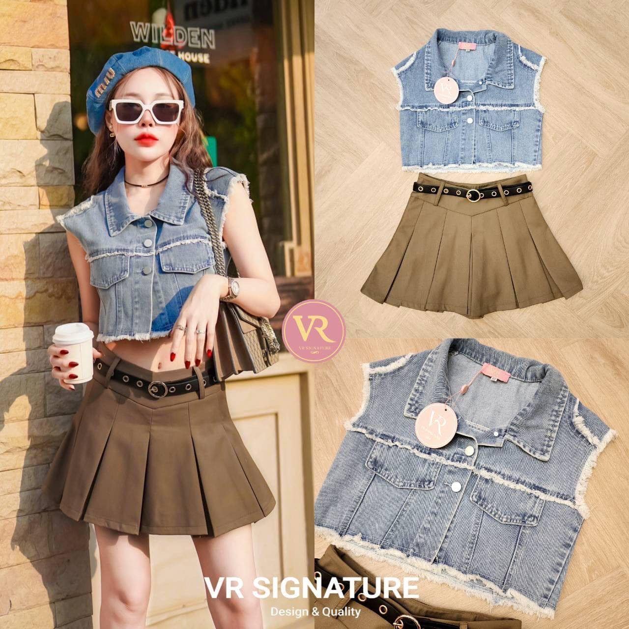 Set เสื้อครอปยีนส์แขนกุด ติดกระดุมเรียงด้านหน้า แต่งกระเป๋าช่วงอก แต่งชายรุ่ยขอบเสื้อแมทช์กับกระโปรงสั้น จับจีบรอบตัว ด้านในมีกางเกง เนื้อผ้าหนาเป็นทรงสวย มีเข็มขัดเข้าชุด ใส่สบาย : สินค้าคุณภาพ (พร้อมส่ง)