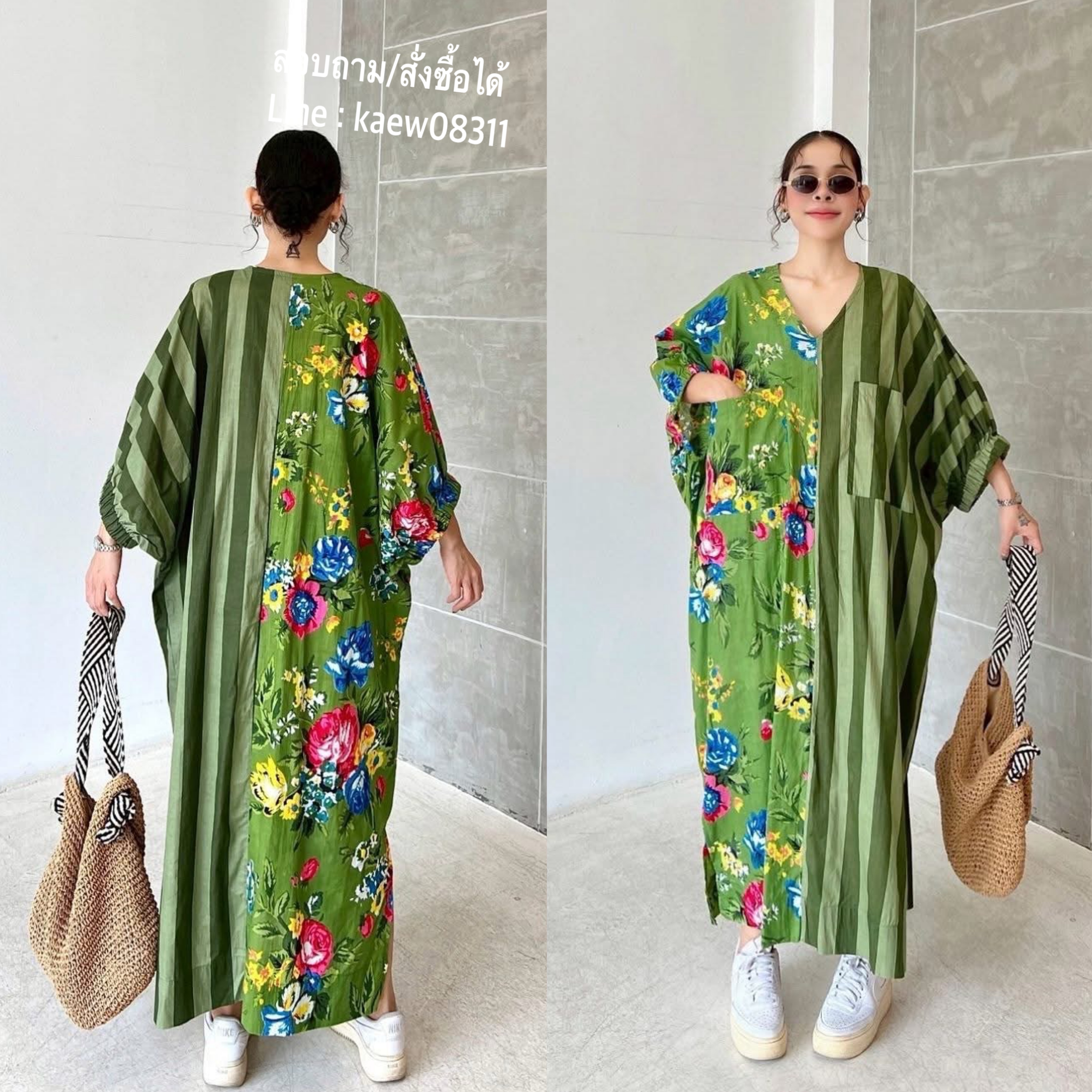 เดรสผ้าบล็อคคอทตอลอินเดีย ดีไซน์คอวีหน้า ทรงปีกค้างคาว แขนในตัวสม็อคปลายแขน ช่วงชายผ่าข้าง มีกระเป๋าล้วง+กระเป๋าอก ใส่สบาย : สินค้าคุณภาพ (พร้อมส่ง)