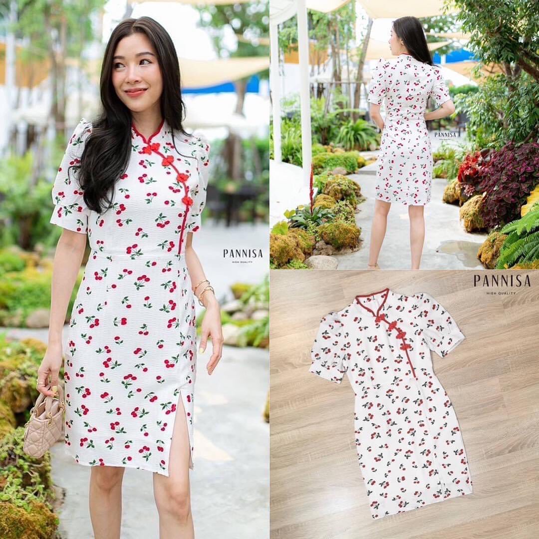 เดรสกี่เพ้าต้อนรับตรุษจีนแบบน่ารักๆ ด้วยเดรสคอจีนแขนตุ๊กตา พิมพ์ลายเชอรี่ ดูน่ารักมากๆ สินค้าคุณภาพ (พร้อมส่ง)