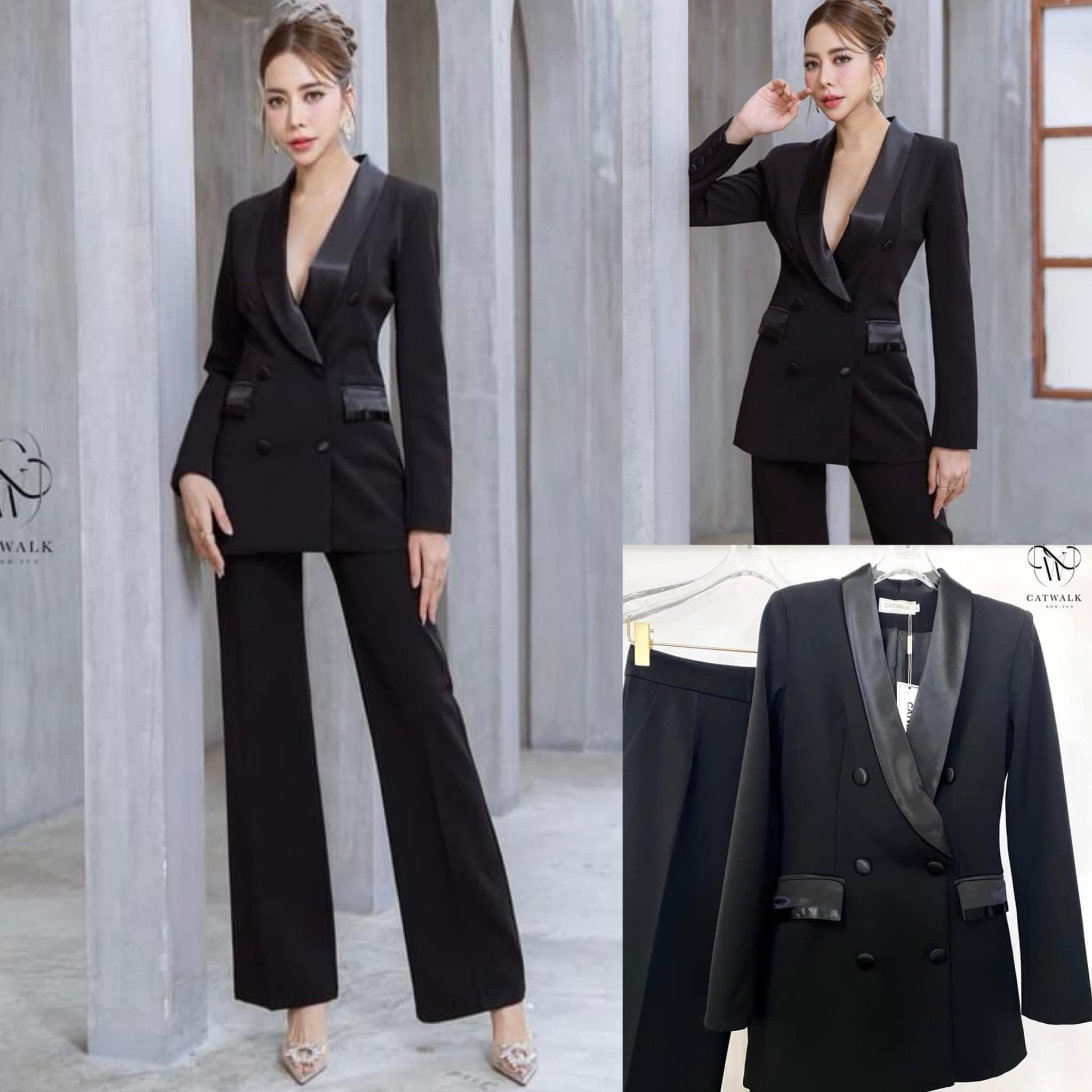 เซตสูทปกเลื่อม+กางเกงขาตรง เนื้อผ้าเกรดเอ เนื้อนุ่มเป็นทรงใส่สบาย สินค้าคุณภาพ (พร้อมส่ง)