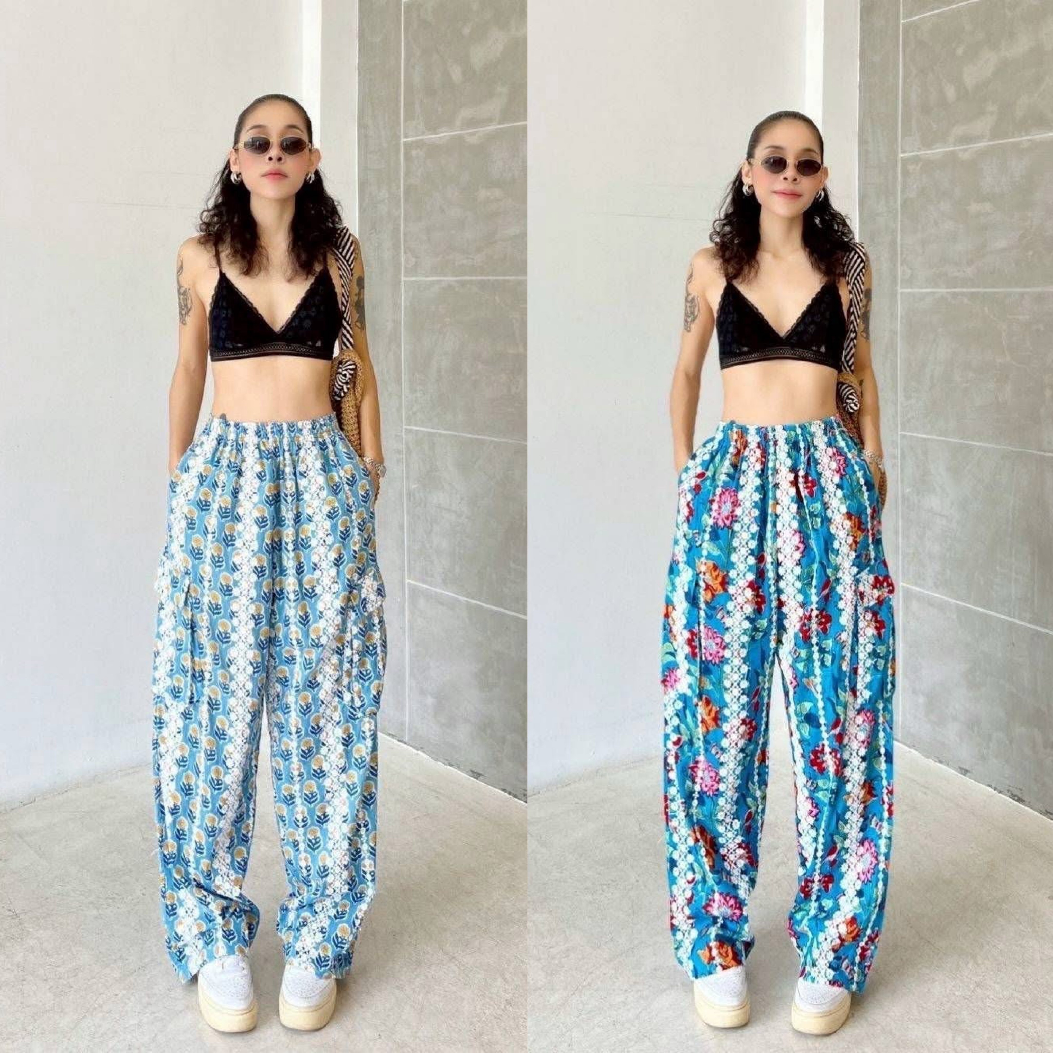 กางเกง ผ้าบล็อคคอทตอลอินเดียปักฉลุลายในตัว ทรงคาร์โก้ เอวสม็อค งานมีกระเป๋าข้าง+กระเป๋าล้วง ใส่สบาย : สินค้าคุณภาพ (พร้อมส่ง)