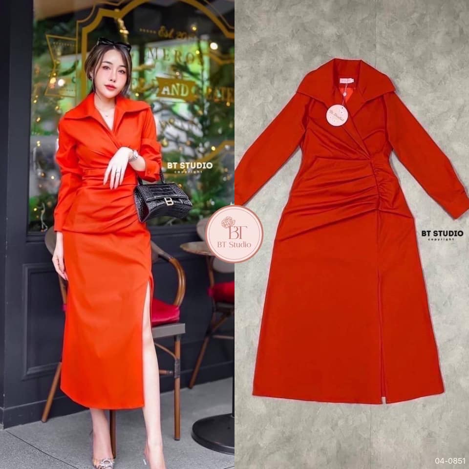 เดรสเชิ้ต แขนยาวคอปก แต่งคอป้ายจับจีบข้างผ่าหน้า ใส่สบาย : สินค้าคุณภาพ (พร้อมส่ง)