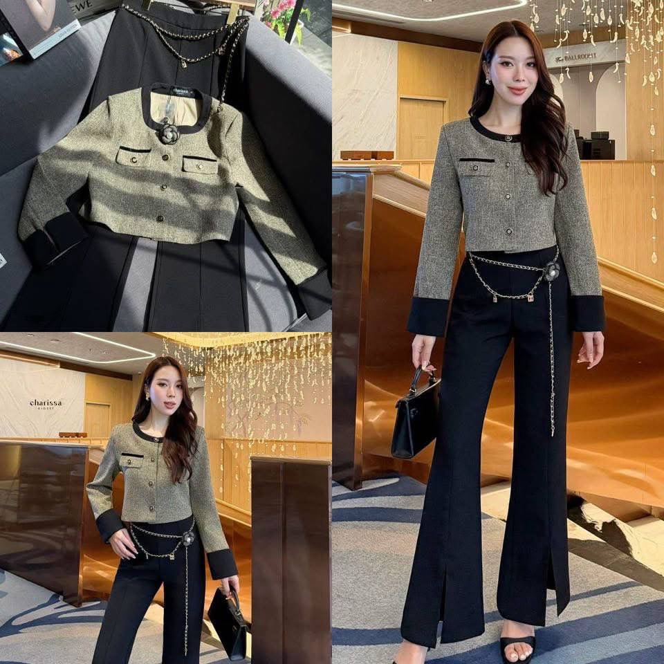 เซ็ท 4 ชิ้น: เสื้อทวิต+กางเกง+เข็มขัด+เข็มกลัดดอกไม้ ใส่สบาย : สินค้าคุณภาพ (พร้อมส่ง)