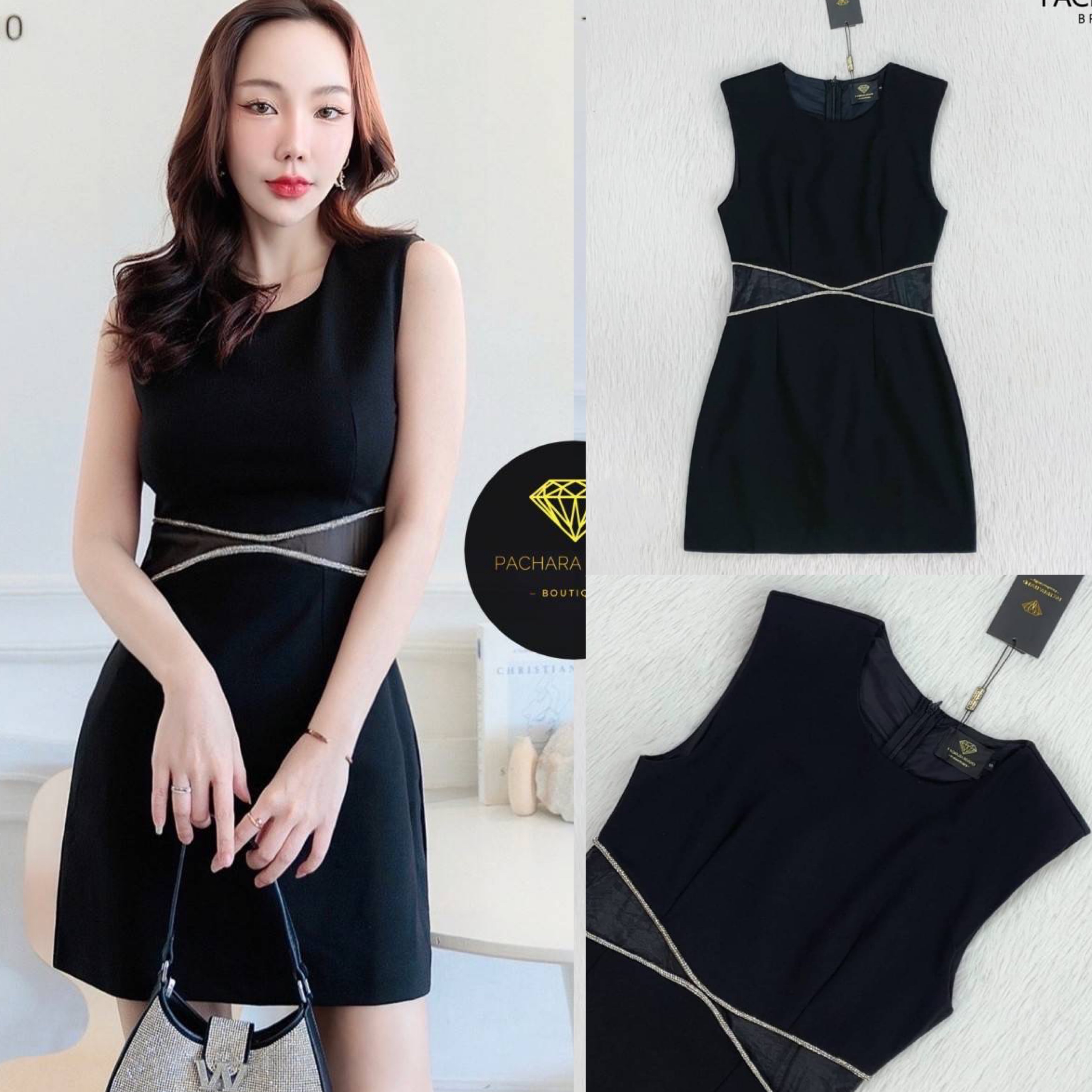 เดรสสั้นแขนกุด. ทรงเข้ารูป ช่วงเอวเว้าตัดต่อผ้าซีทรู ติดเพชรวิบวับสวยมาก สินค้าคุณภาพ (พร้อมส่ง)