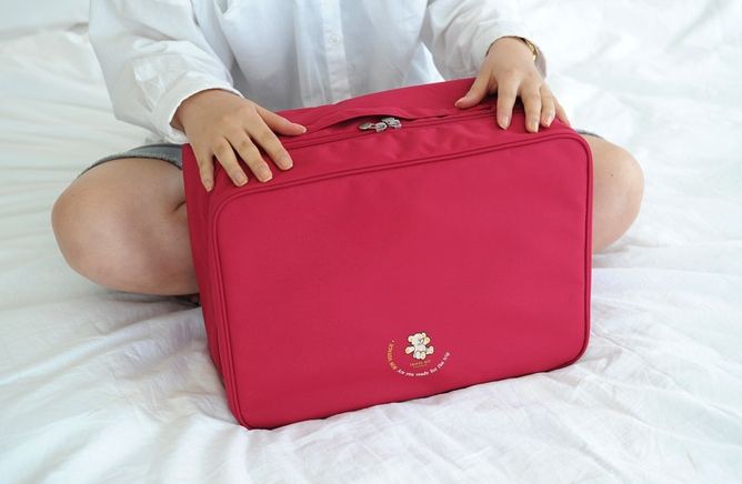 กระเป๋าจัดระเบียบเดินทาง, กระเป๋าจัดระเบียบเสื้อผ้า เสียบที่จับของกระเป๋าเดินทางได้ มีช่องใส่สองชั้นกั้นด้วยช่องตาข่าย ผลิตจากโพลีเอสเตอร์กันน้ำ