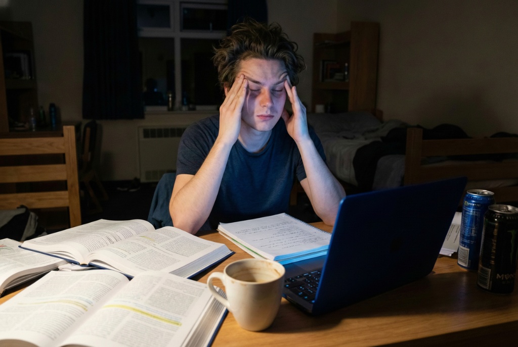 นักศึกษามหาวิทยาลัยนั่งเครียดอ่านหนังสือสอบตอนดึก มีอาการปวดหัว กุมขมับ