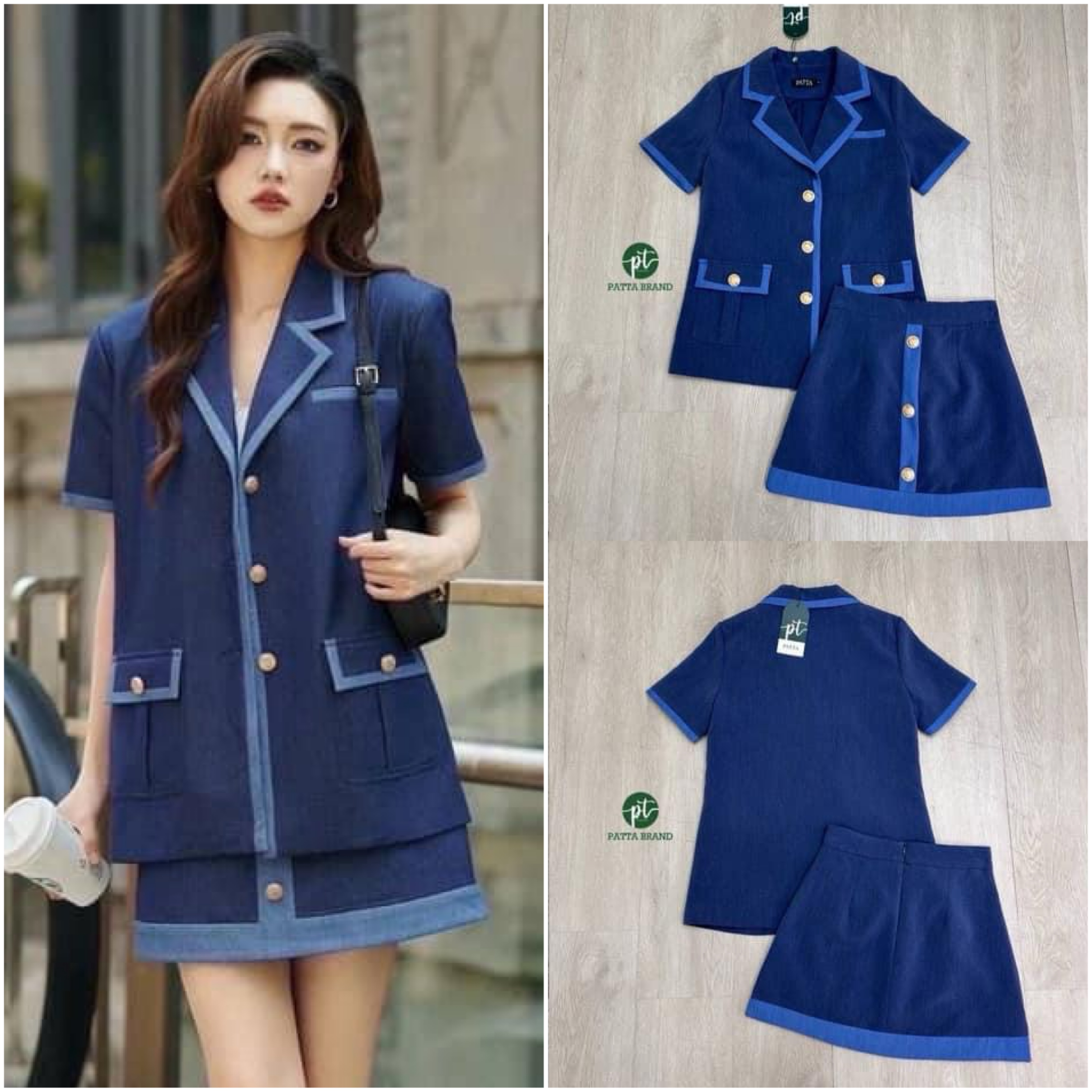 Setสูท 2 ชิ้น เสื้อคลุม+กระโปรงสั้น สีกรมดีเทลกุ๊นฟ้า : สินค้าคุณภาพ (พร้อมส่ง)