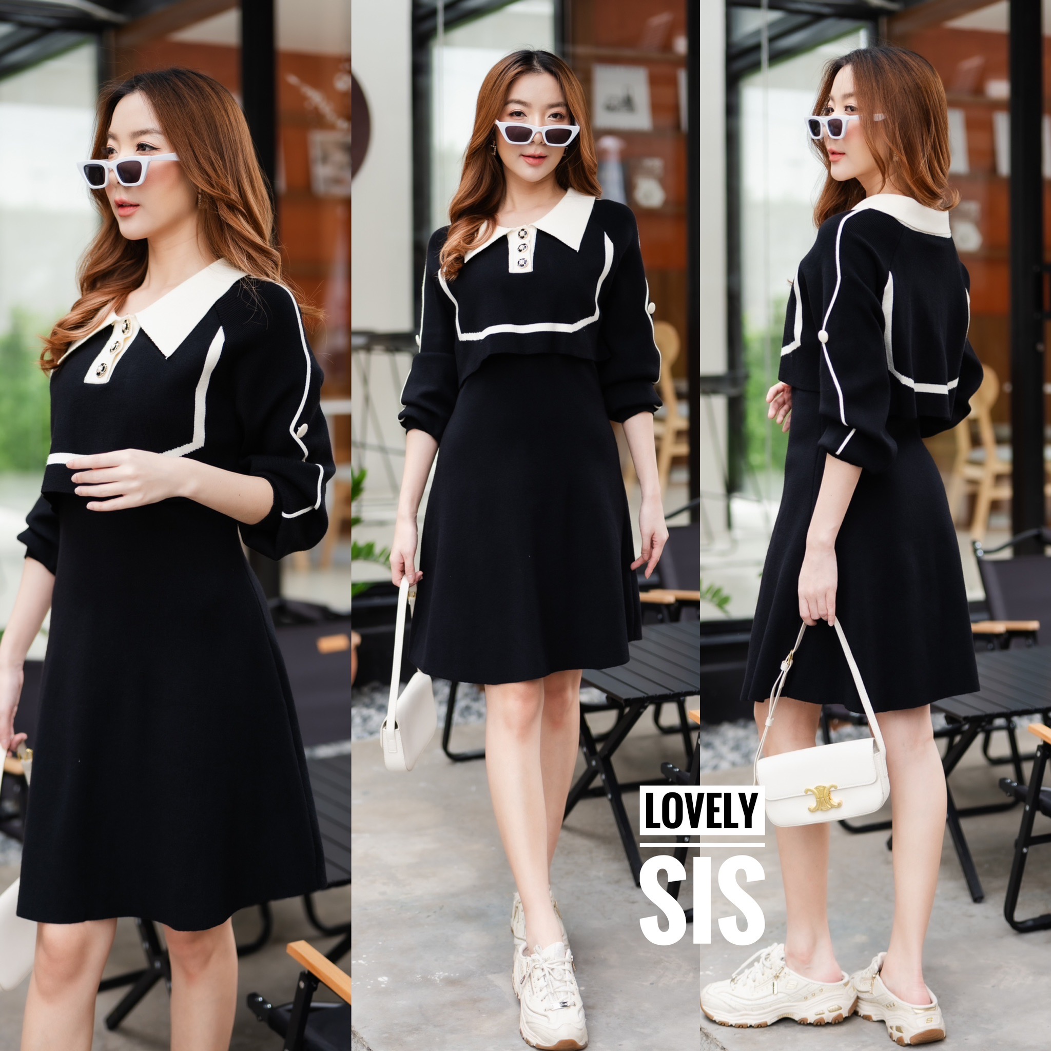 เดรสไหมพรมแขนยาว งานคอปกแต่ง กระดุมมุกล้อมสีดำทองสวยมาก งาน เล่นลายทอตัดสีทูโทน สินค้าคุณภาพ (พร้อมส่ง)