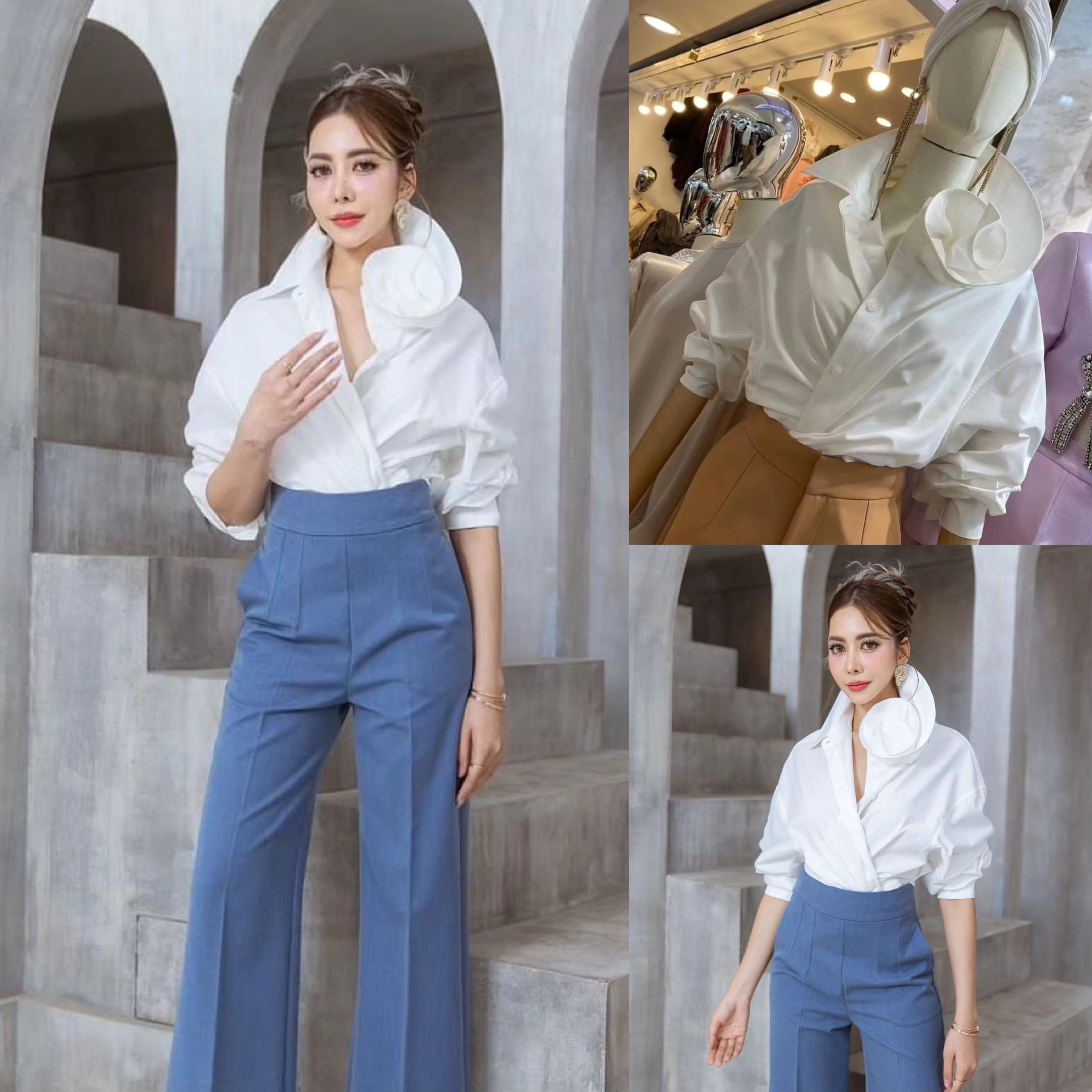 เสื้อเชิ้ตปกคอดอกไม้ ตัวเสื้อเป็นทรงปล่อยๆเท่ห์ๆ คอปกดีไซน์ให้เป็นดอกกุหลาบ ตะเข็บด้านในตัวเสื้อเย็บเก็บขอบอย่างละเอียด เนื้อผ้าเกรดเอ ใส่สบาย : สินค้าคุณภาพ (พร้อมส่ง)