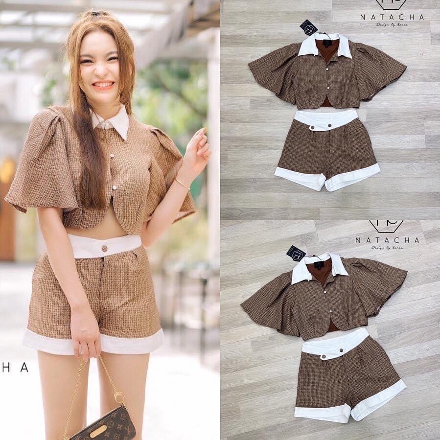 Set เสื้อคอปกกระดุมหน้า แขนกระดิ่ง เนื้อผ้าทวิส งานสวยมากกๆๆ สีน้ำตาลทอง สวยแพงมากก สินค้าคุณภาพ (พร้อมส่ง)