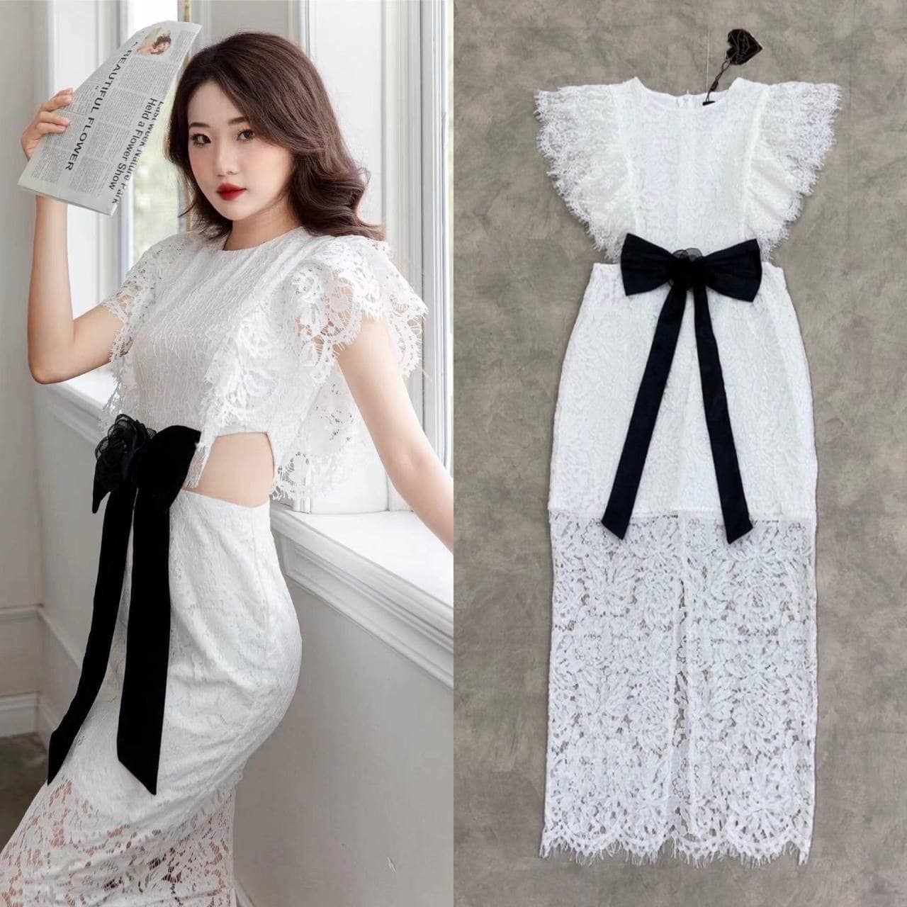 เดรสแขนกุดระบายลูกไม้ตัวยาวเข้ารูปสีขาวงานลูกไม้ฉลุเว้าเอวแต่งเข็มกลัดโบว์สีดำ ใส่เข้ารูปเก็บทรง เป๊ะมากๆ ใส่สบาย สินค้าคุณภาพ (พร้อมส่ง)