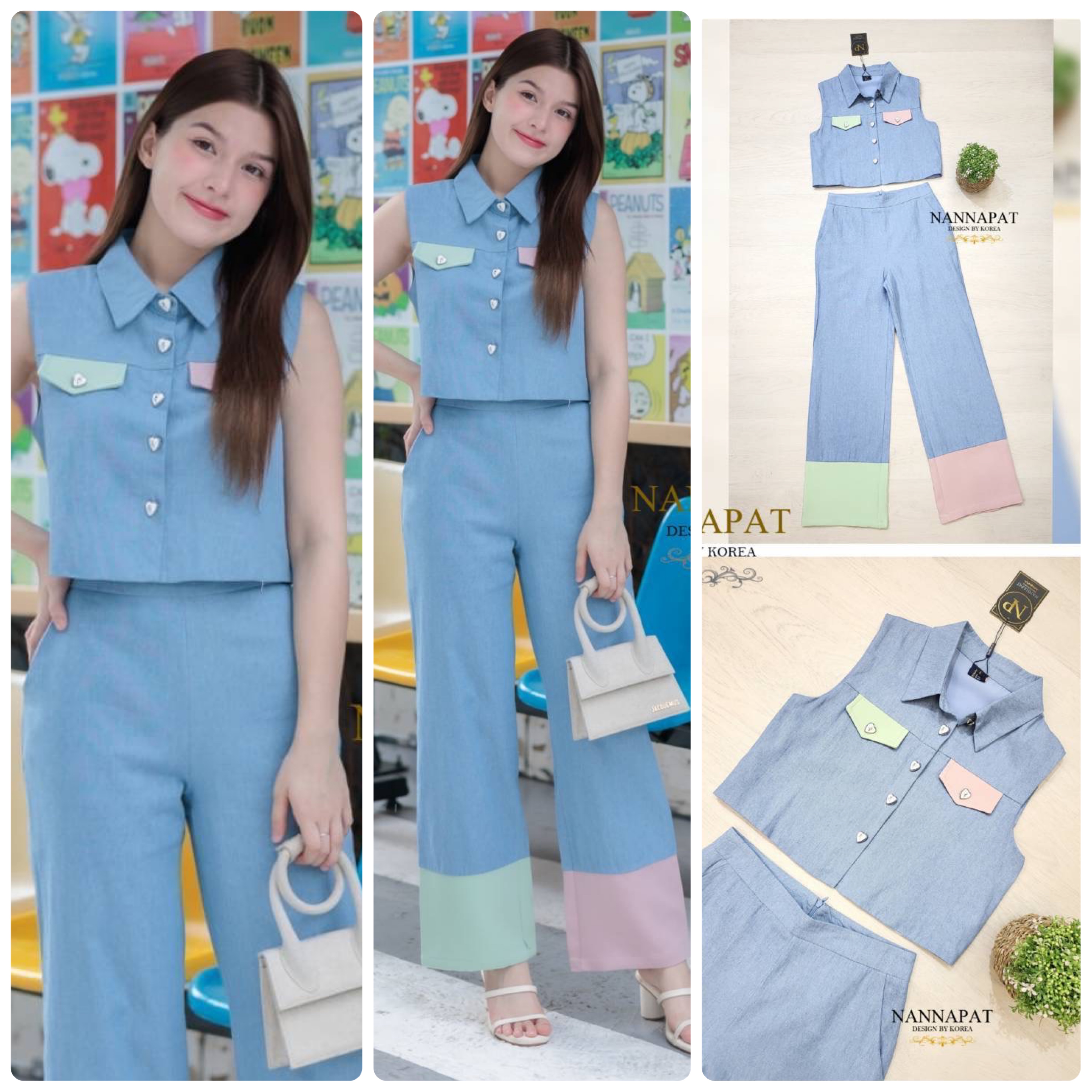 เซ็ทเสื้อ+กางเกงขายาว ลุคเก๋ๆ ดีไซน์เก๋ ตัดด้วยสีพาสเทลเก๋ๆ กางเกงทรงสวน ใส่แล้วดูสูงขายาวจ้า สินค้าคุณภาพ (พร้อมส่ง)