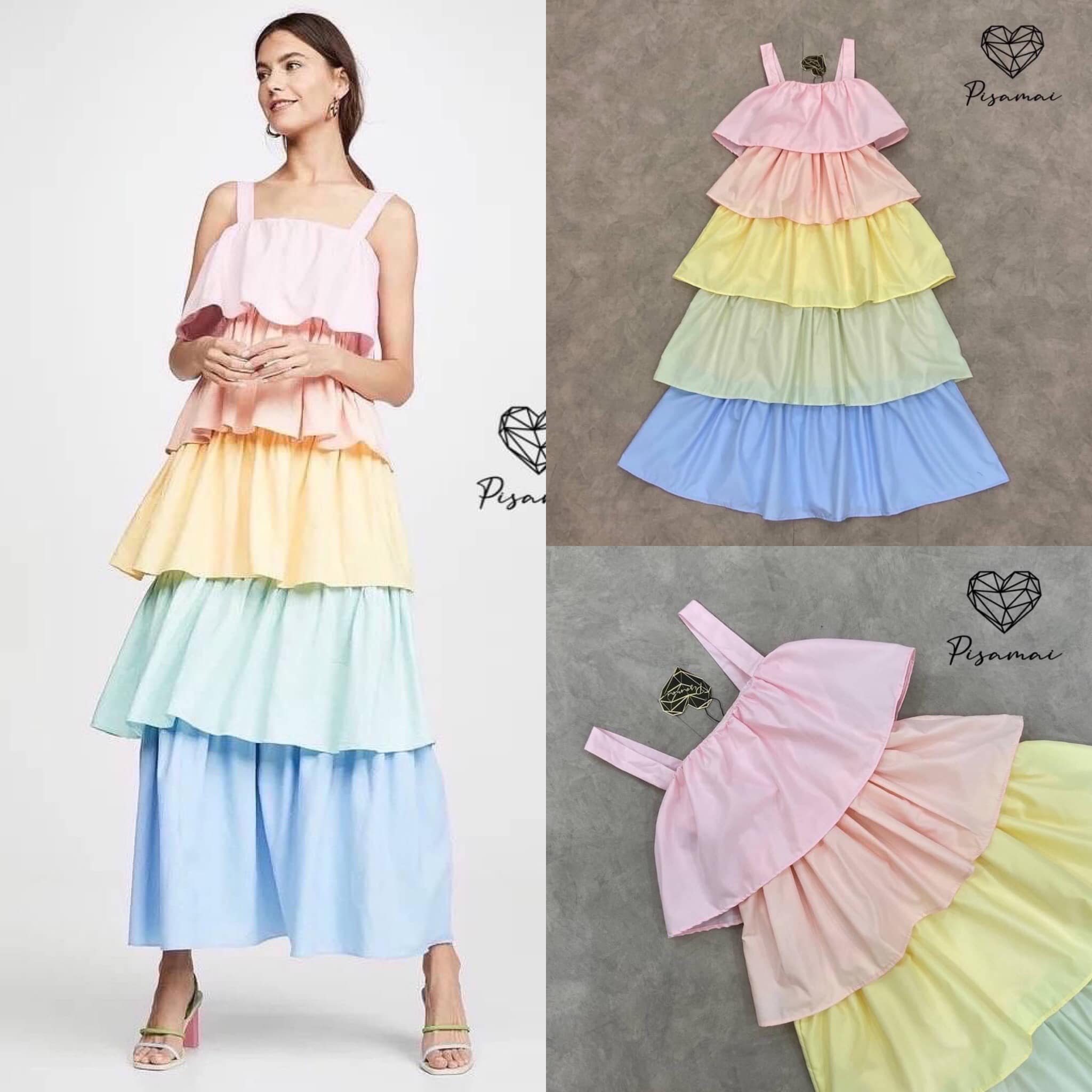 เดรสตัวยาวทรงส่ยเดี่ยวสีพาสเทลระบาย5 ชั้น ใส่แล้วโลกสดใสมากๆ สินค้าคุณภาพ (พร้อมส่ง)
