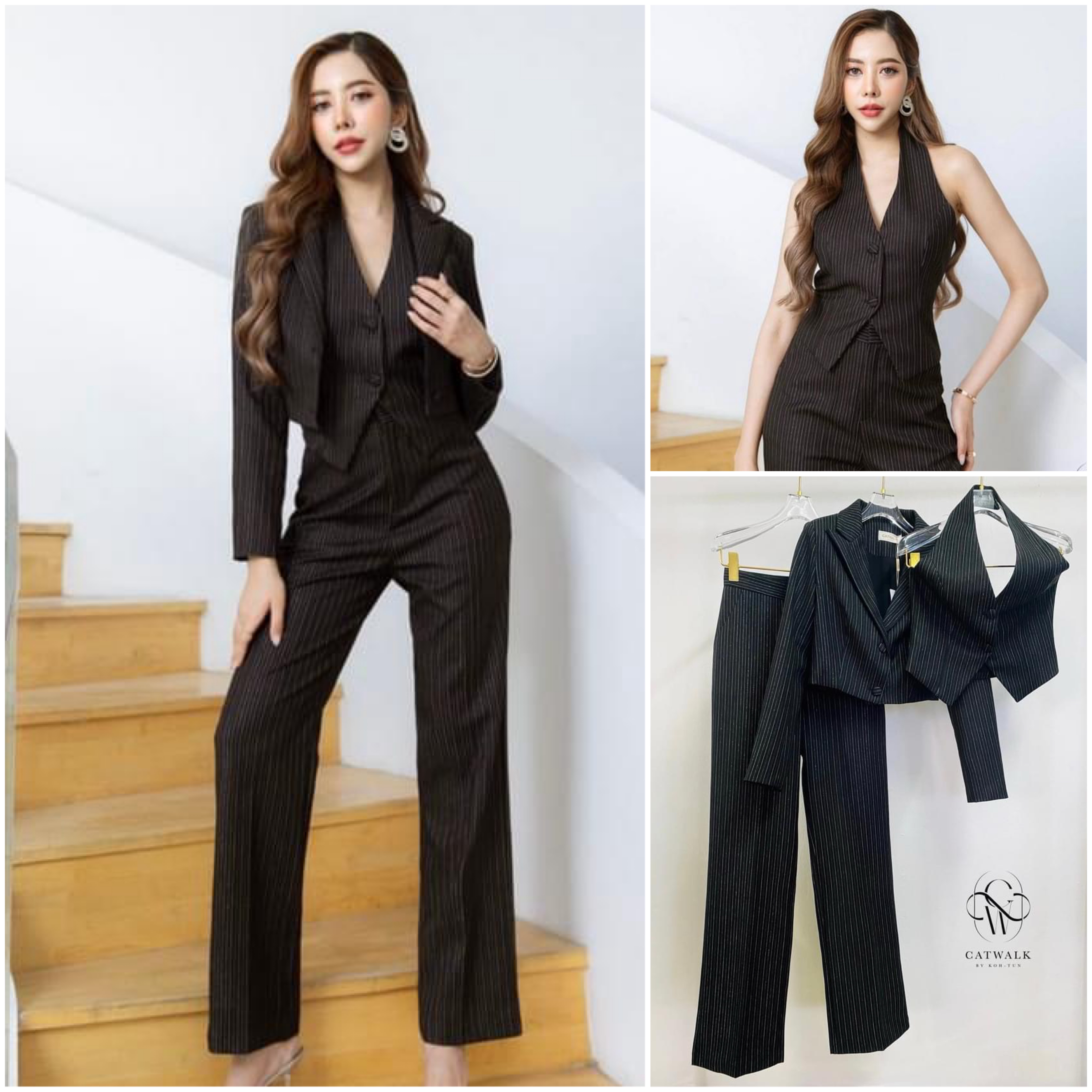 เซตBLAZER 3 ชิ้น ตัวBLAZER เป็นทรงครอปทรงเข้ารูป ด้านในมีซับ +เสื้อvestคล้องคอ+กางเกงเป็นทรงขากระบอก เนื้อผ้ามีเทคเจอร์เป็นลายริ้วในตัว ใส่สบาย สินค้าคุณภาพ (พร้อมส่ง)