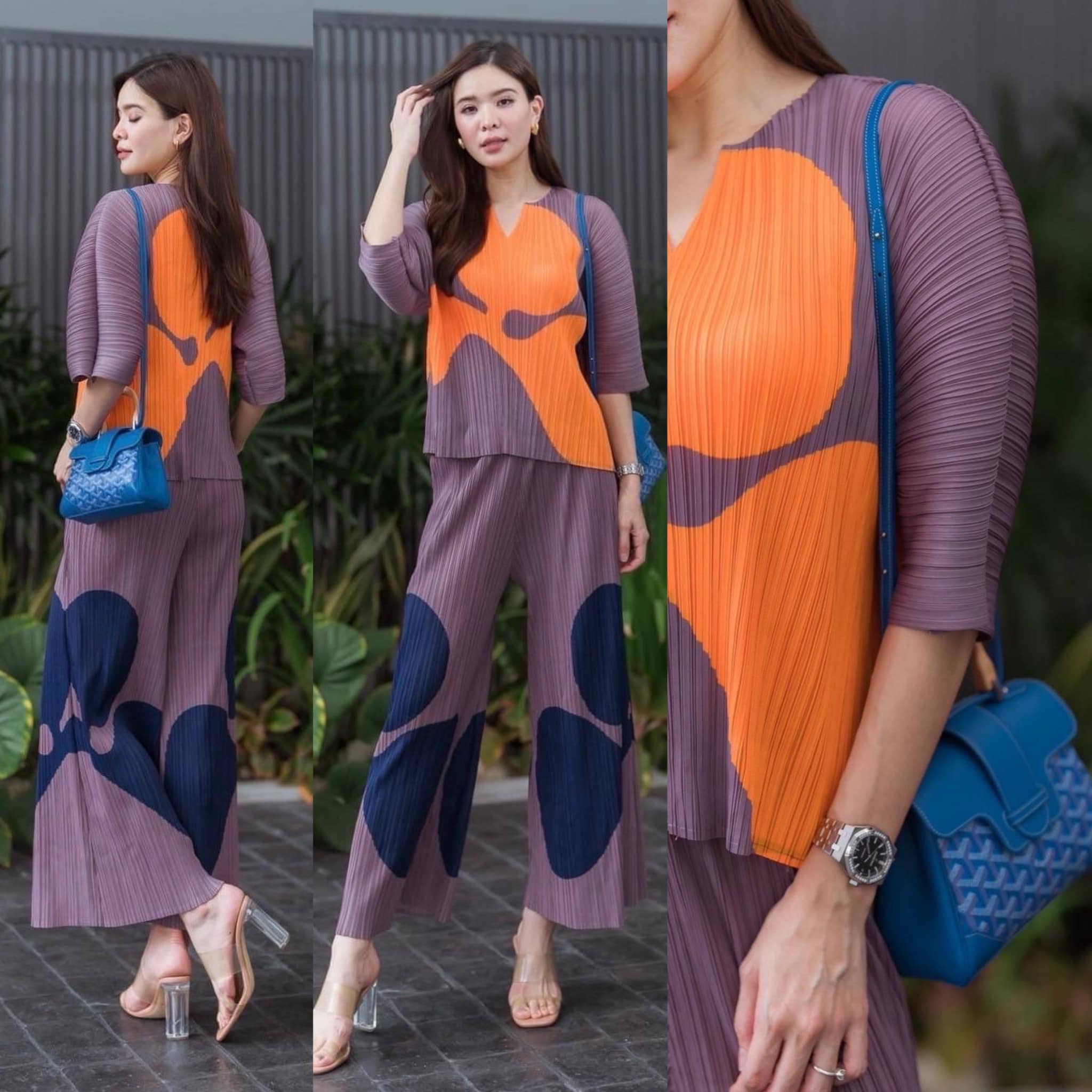 ชุดเซตผ้าอัดพลีทลอน เสื้อ+กางเกงขายาว เนื้อสวย ไฮโซววแบบงาน Brand ใส่สบาย สินค้าคุณภาพ (พร้อมส่ง)