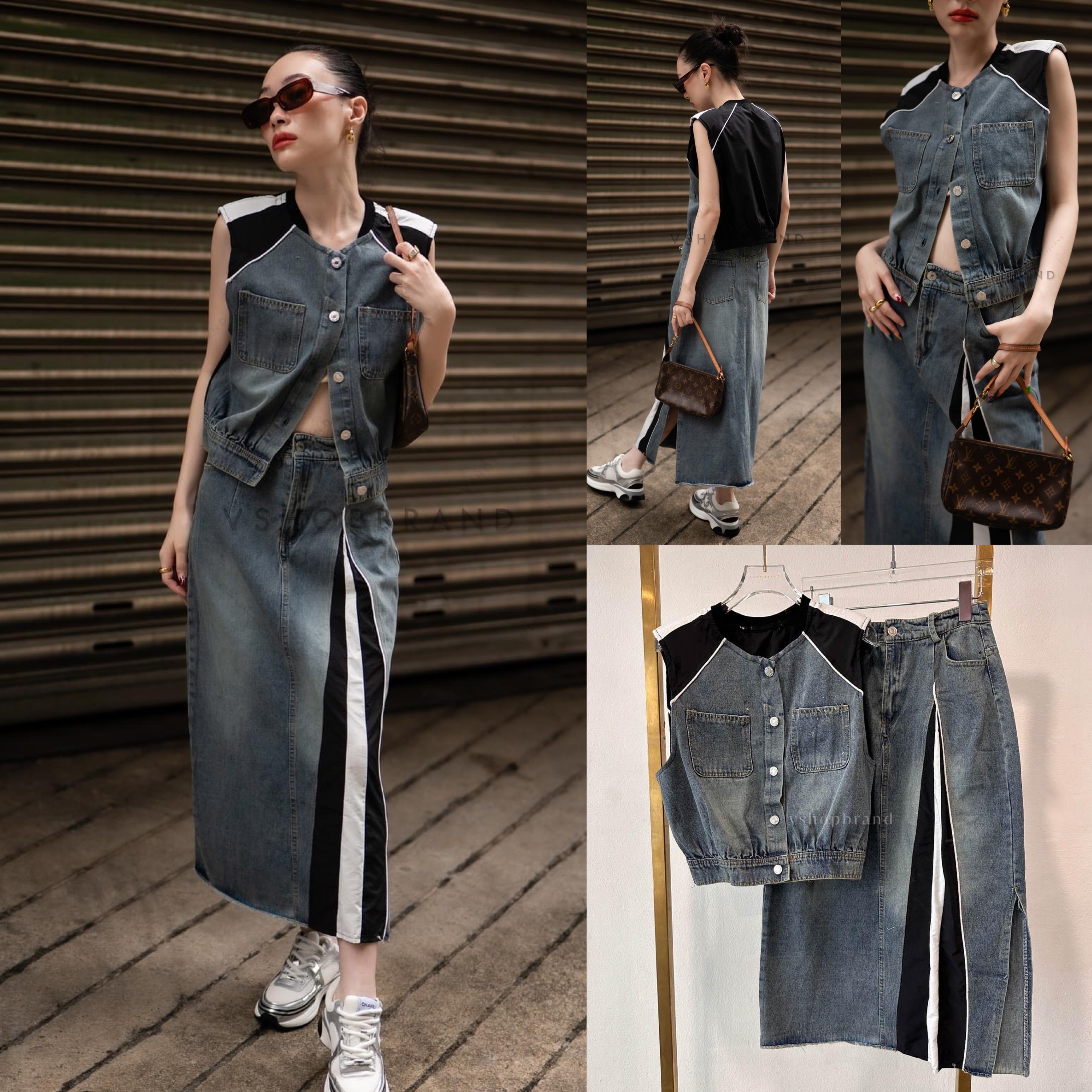 Set เสื้อแขนกุดต่อยีนส์ + กระโปรงยาวแถบหน้า สินค้าคุณภาพ (พร้อมส่ง)