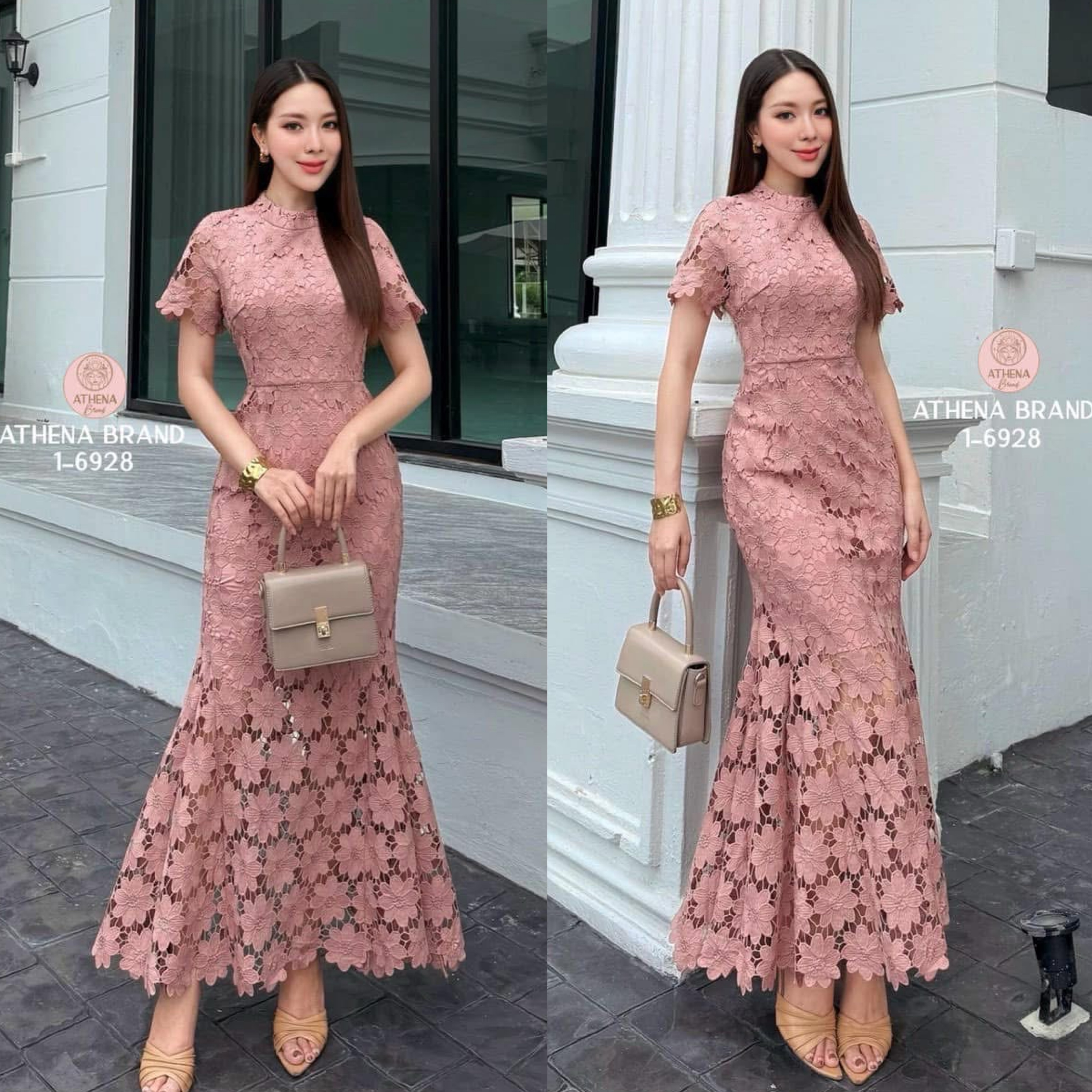 Maxi Dress คอปีนดีไซน์ทรงหางปลา ใช้ผ้าลูกไม้ปักลายดอกไม้แน่นๆสวยหรูหราโดดเด่น เนื้อผ้าดี๊ดีมีTexture งานมีซับใน ใส่สบาย : สินค้าคุณภาพ (พร้อมส่ง)