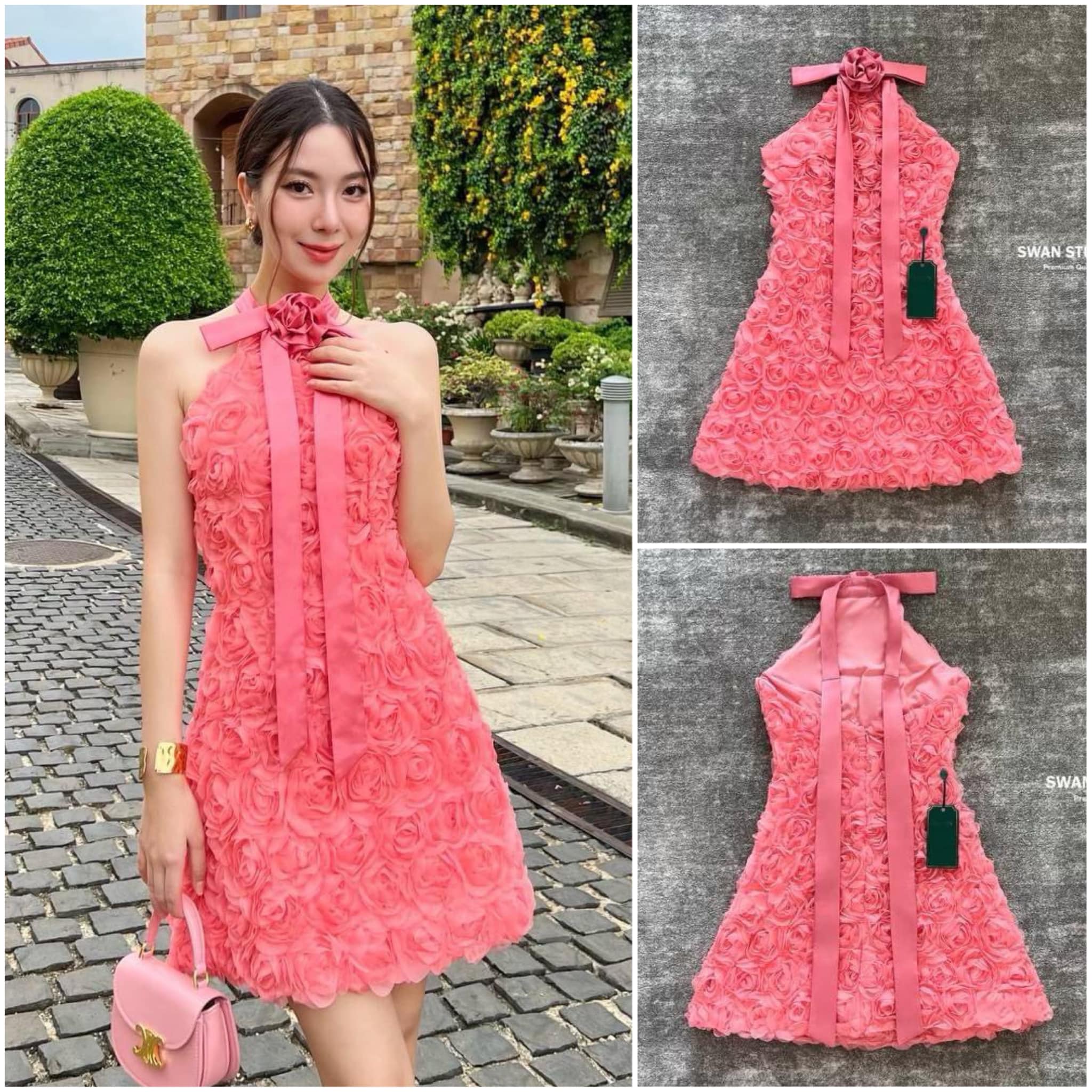 มินิเดรสคล้องคอดอก 3D สีชมพูพีข มีแต่งโบว์ช่วงคอ พร้อมมีดอกไม้ติด ด้านหลังเปิดพร้อมสายผูก สินค้าคุณภาพ (พร้อมส่ง)