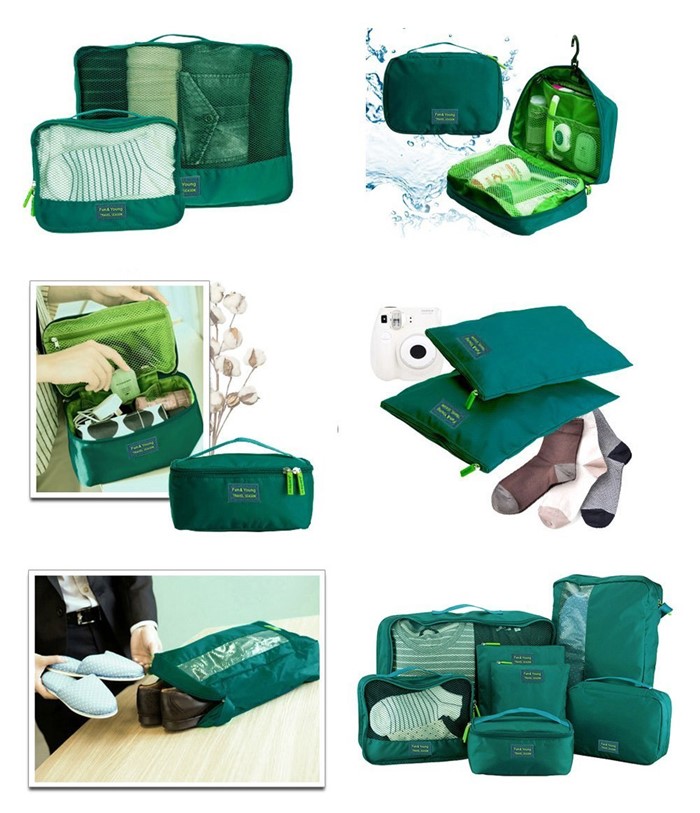 Travel Season กระเป๋าจัดระเบียบเดินทาง 7 ใบ จัดกระเป๋าเดินทาง ท่องเที่ยว ใส่เสื้อผ้า ชุดชั้นใน อุปกรณ์ห้องน้ำ กางเกงใน รองเท้า ถุงเท้า เครื่องสำอาง อุปกรณ์ไอที (Green)