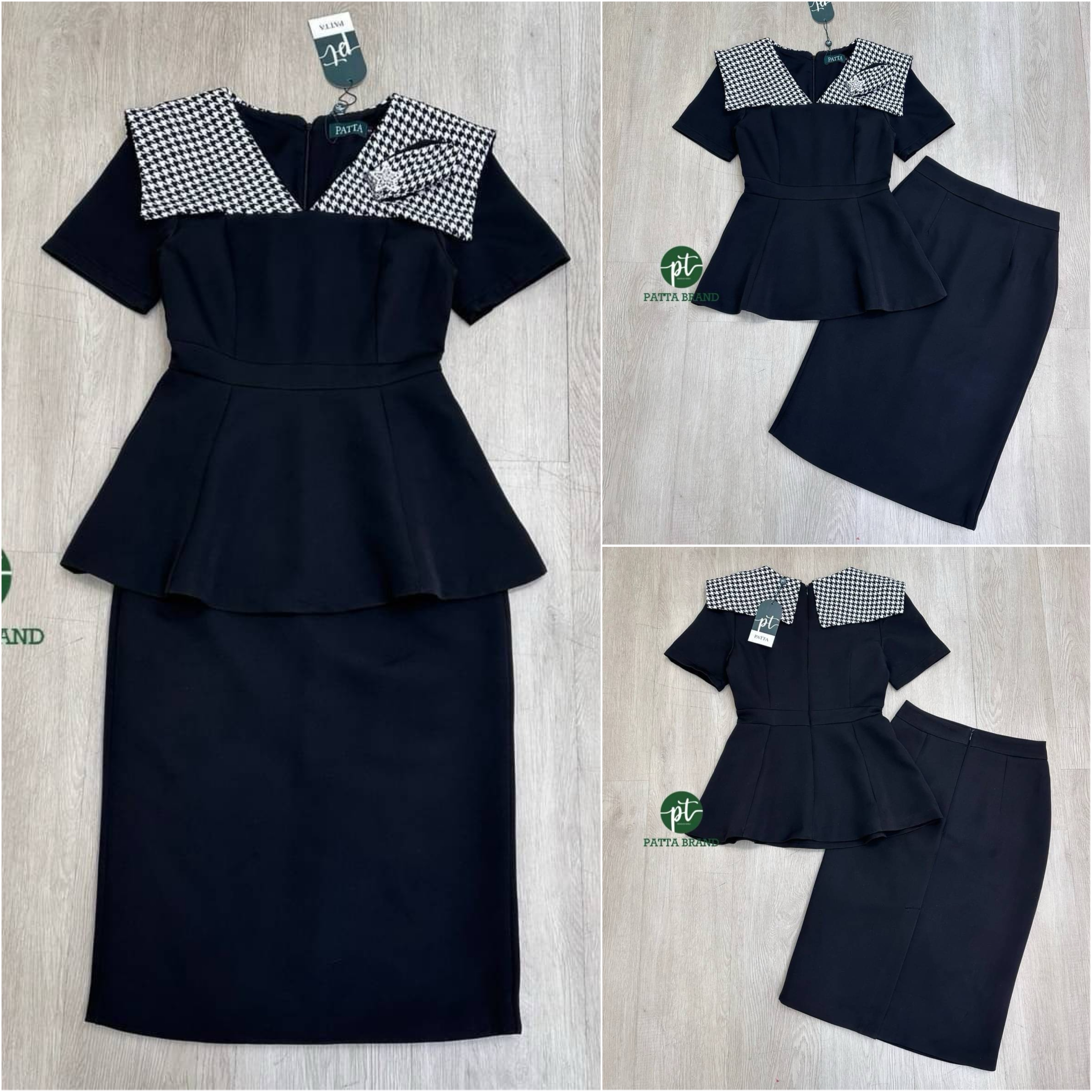 ชุดset2ชิ้นสีดำ เสื้อแขนสั้นดีไซน์เย็บ ปกไหล่ผ้าทอลายตารางและเย็บแต่งอะไหล่เพชร ทรงเข้ารูปสวยชายเสื้อแต่งชาย บานระบาย พร้อม กระโปรงทรงสอบ ทรงสวยเข้ารูป งานซิปหลัง ใส่สบาย สินค้าคุณภาพ (พร้อมส่ง)