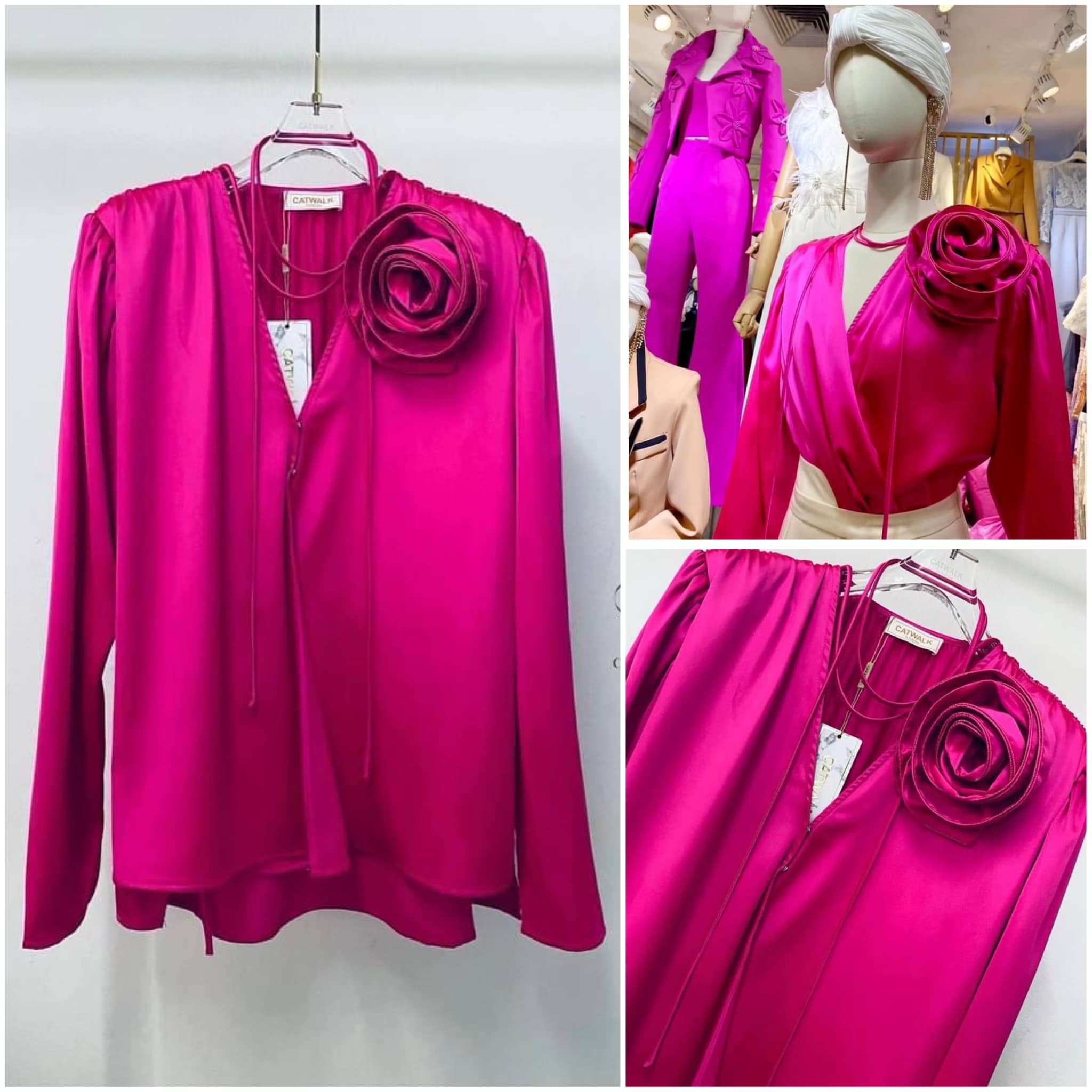 เสื้อผ้าซาตินป้ายหน้า+เข็มกลัดดอกกุหลาบ เนื้อผ้าซาตินเกรดเอ ใส่สบาย : สินค้าคุณภาพ (พร้อมส่ง)