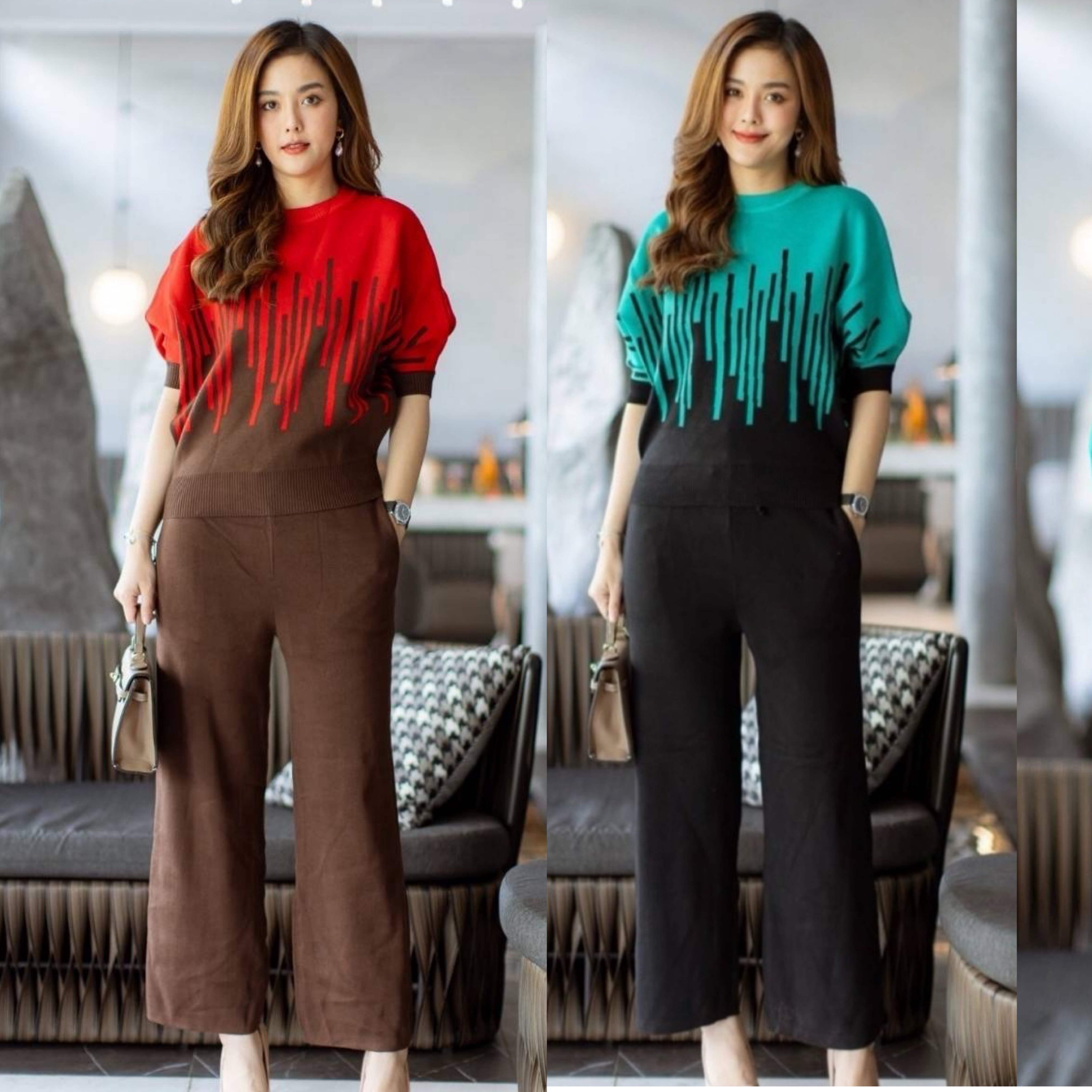 ชุดเชตเสื้อทรงคางคาว กางเกง มีเชือกรูปปรับขนาดได้ค่ะ ทรงเป๊ะมากค่ะ งาน สวยเกรดระดับขึ้นห้างใส่แล้วสวยเก๋ ไม่ซ้ำใคร : สินค้าคุณภาพ (พร้อมส่ง)