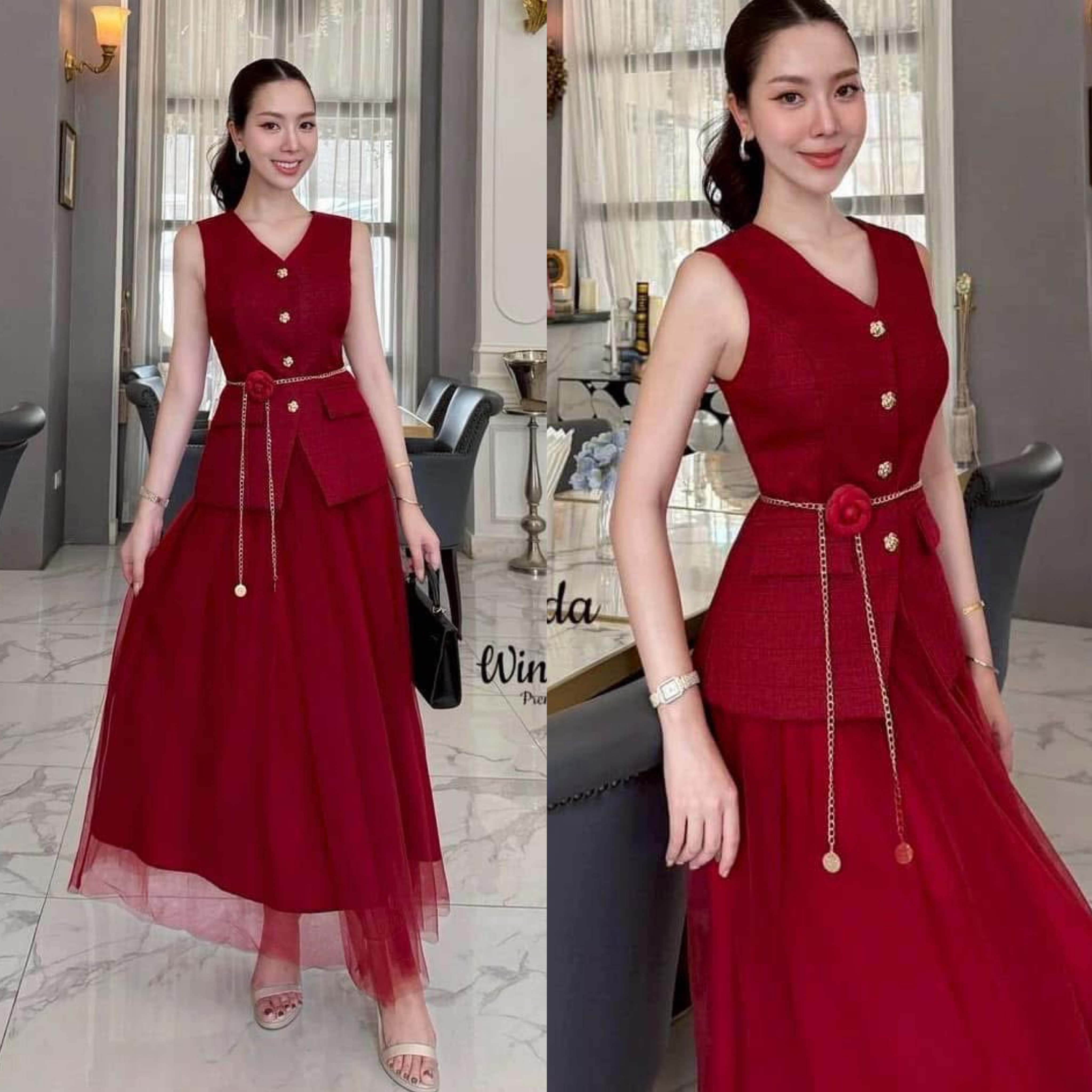 Set 4 Pcs. เช็ทเสื้อแขนกุดกระดุมหน้า เนื้อผ้ามีเทคเจอร์ มาพร้อมกระโปรงมุ้งสีเข้าเซ็ท มีเข็มกลัดดอกไม้และเข็มขัดโซ่ เพิ่มความลัคซู ทรงสวย เป๊ะ สวยหรู ดูแพง ใส่สบาย : สินค้าคุณภาพ (พร้อมส่ง)