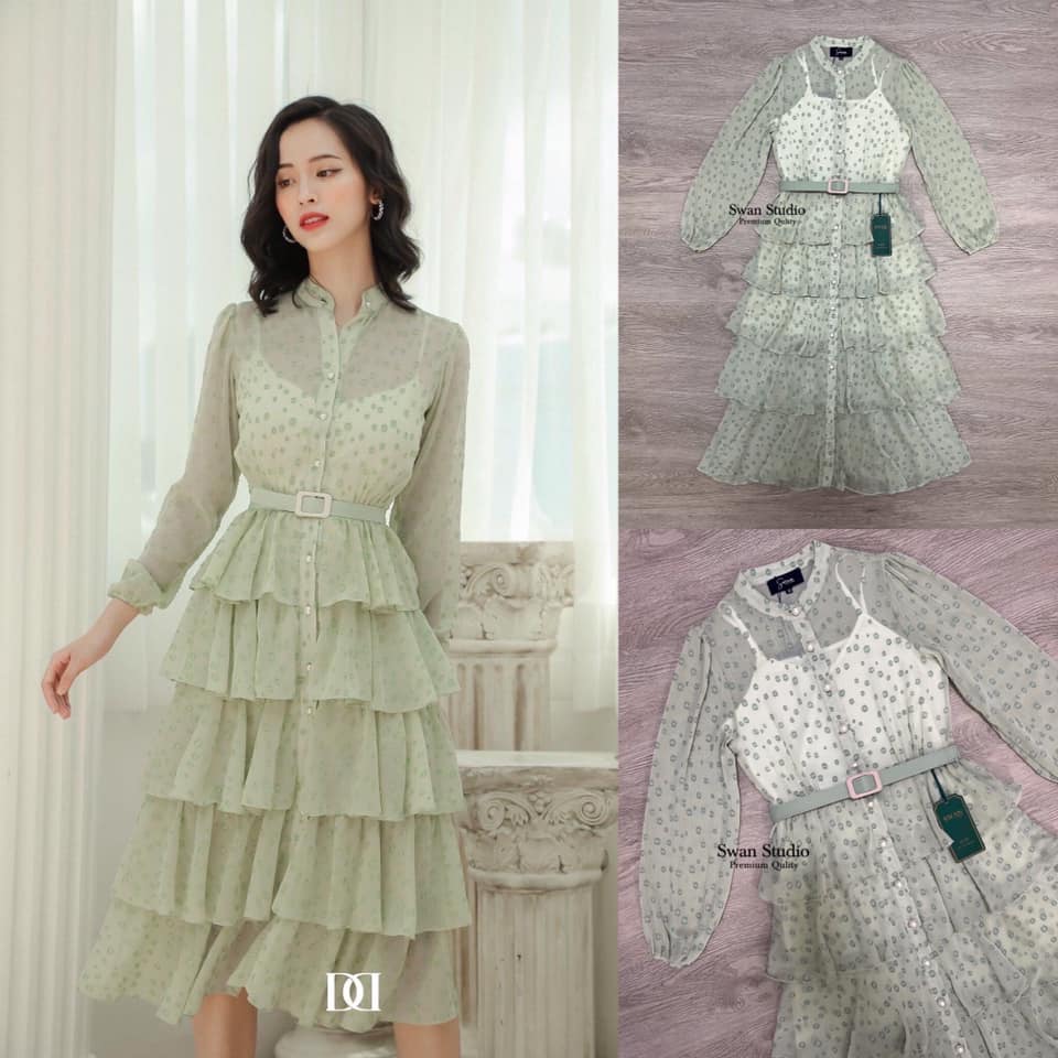 เดรสแขนยาว จั้มปลายแขน สีเขียว พาสเทลลายจุด แต่งระบายพริ้วๆเป็นเลอเยอร์ มีเข็มขัดรัดเอวเข้าเซทมาให้ พร้อมเดรสสาย เดี่ยวสีขาว สินค้าคุณภาพ (พร้อมส่ง)