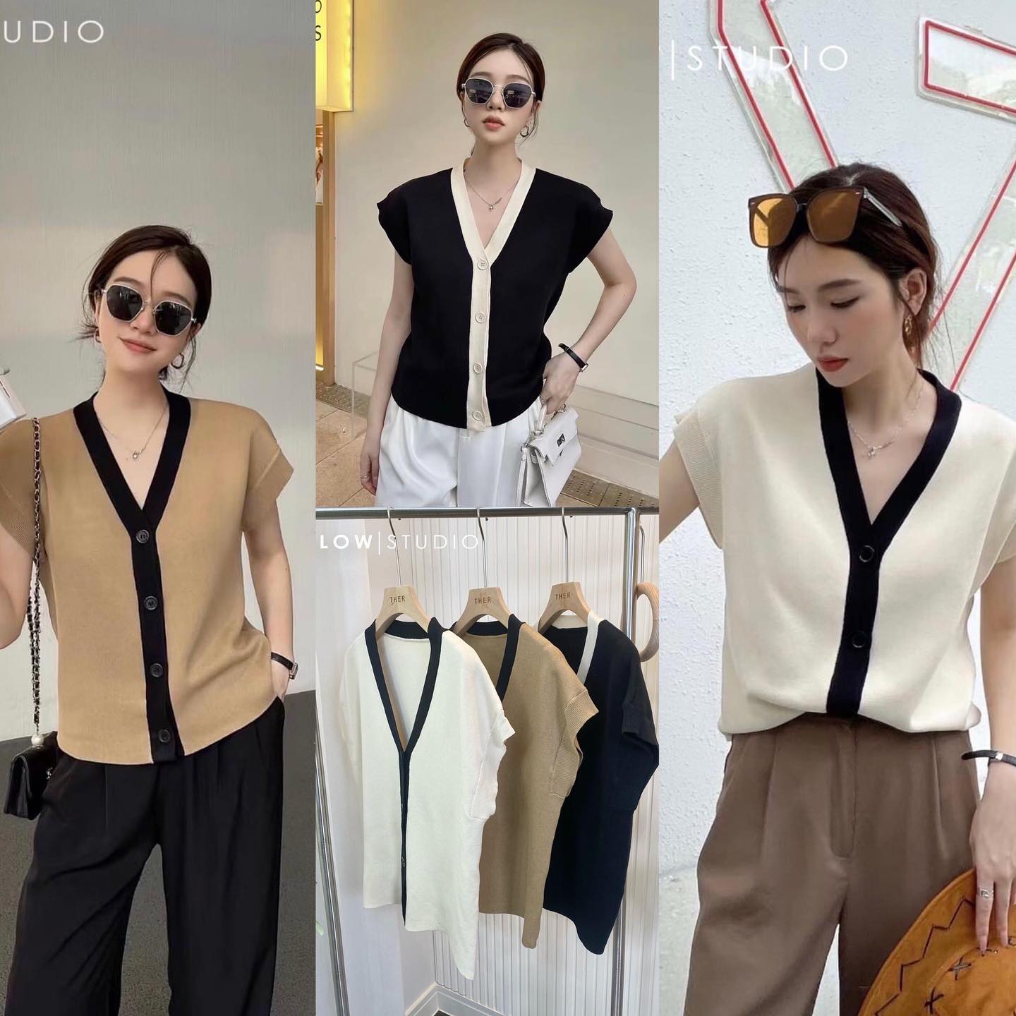 เสื้อไหมพรมทรงคอวีแต่งกระดุมหน้า รุ่นดีเทลแต่งตัดขอบทูโทนตรงกลาง ตัวนี้ใช้ผ้าเนื้อดีผ้านุ่มใส่สบายไม่หด แมทช์ใส่ง่าย : สินค้าคุณภาพ (พร้อมส่ง)