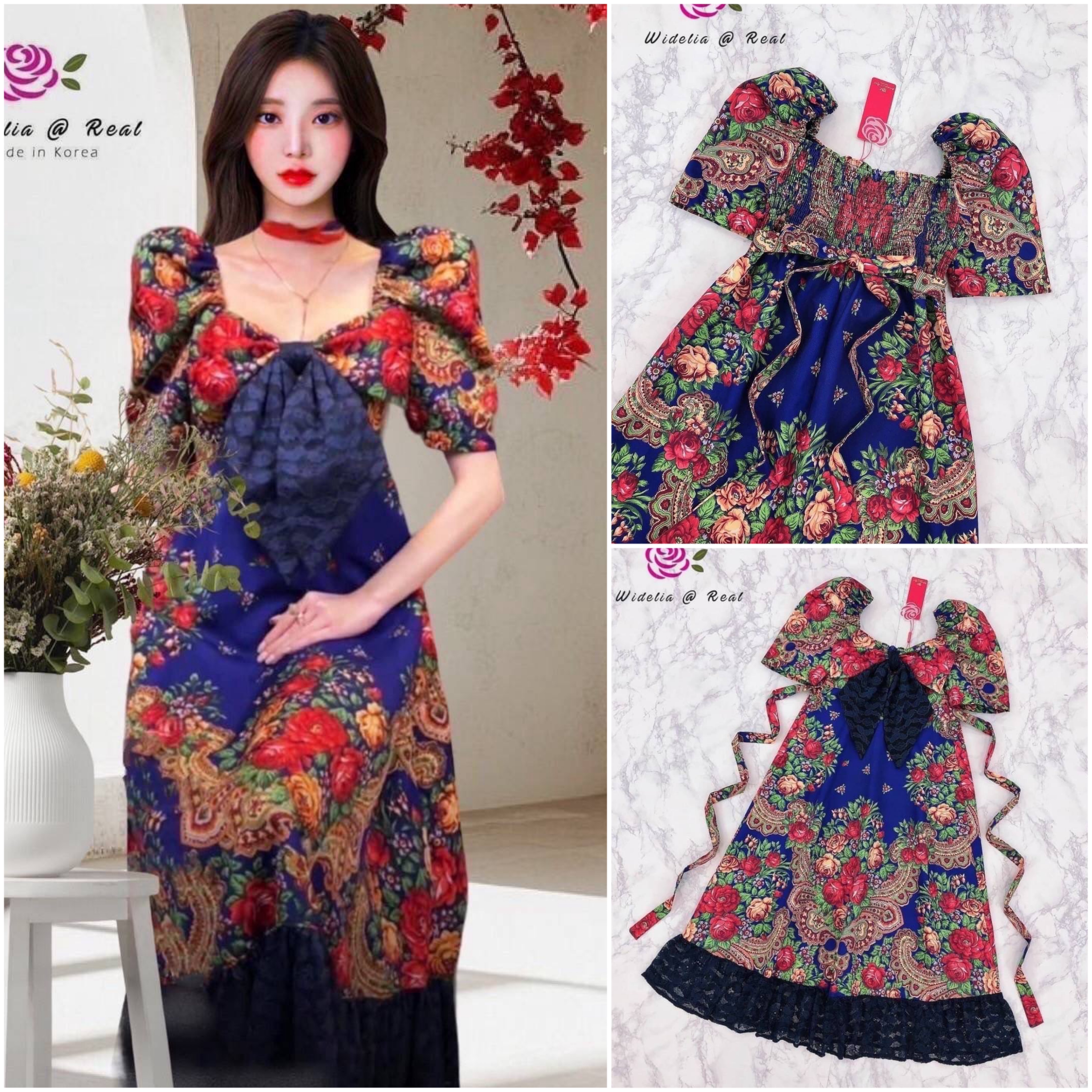 เดรสวินเทจตัวยาวสวยทรงเก๋ ใช้ผ้าเนื้อสวยพิมพ์ลายดอกไม้🌹🌹🌹สไตล์ Vintage สีสวยสดใสทั้งตัว คอเหลี่ยมสวย ใส่สบาย : สินค้าคุณภาพ (พร้อมส่ง)