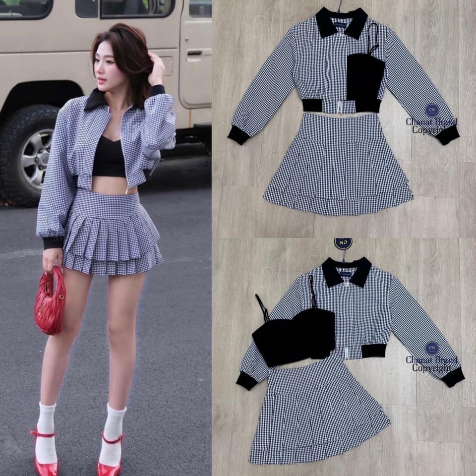 Set 3 ชิ้น ครอปบราสีดำสายสปาเกตตี้ ( อกเสริมฟองน้ำ ซิปหลังซ่อนอย่างดี ) +เซตเสื้อคลุมสีกรมลายตารางแขนยาวจุั้มปลายแขนสีดำ ซิปด้านหน้า +กระโปรงสั้นเอวสูง ซับในเป็นกางเกง ใส่สบาย : สินค้าคุณภาพ (พร้อมส่ง)