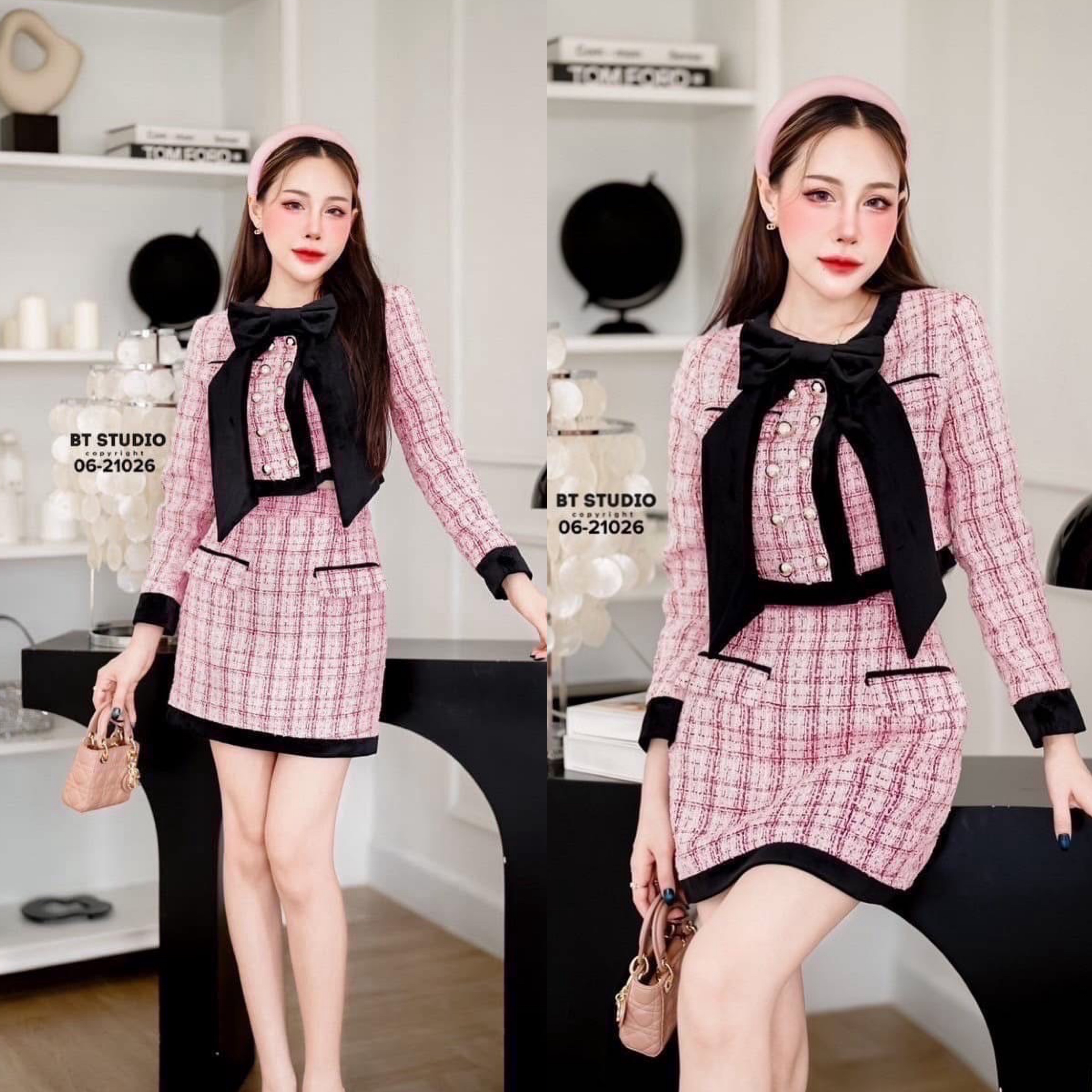 เซท 3 ชิ้น เสื้อเนื้อผ้าทวิสต์แขนยาว ผ้าลายทวิสต์ติดกระดุมหน้าแต่งกระเป๋าหลอก คอกลมปลายชายเสื้อและปลายแขนแต่งแทบกุ้น สีตัดกัน มาพร้อมริบบิ้นโบติดตรงกลาง มาพร้อม กระโปรงสั้น ใส่สบาย : สินค้าคุณภาพ (พร้อมส่ง)