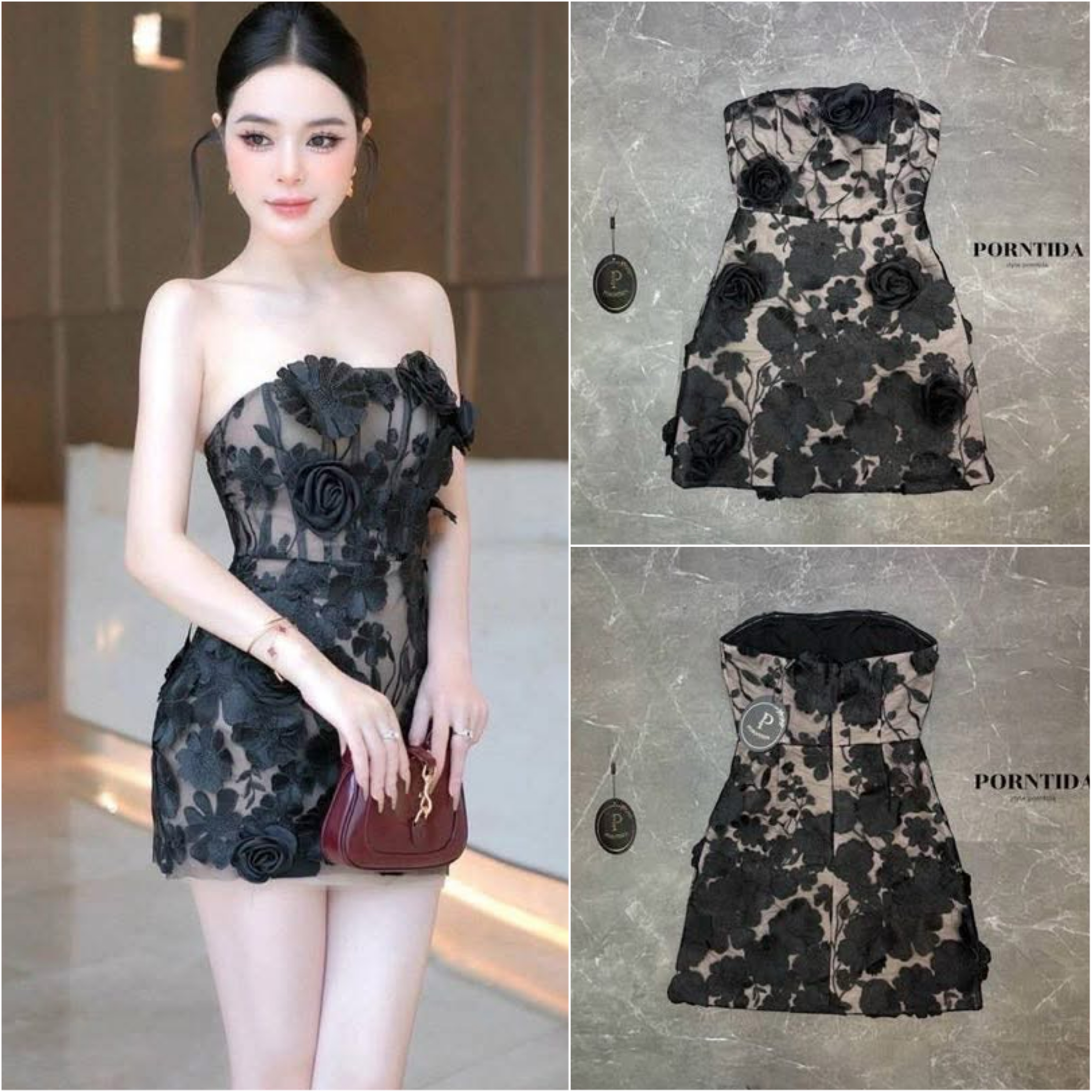 ชุด เดรส เกาะอกดอกไม้สามดีเป็นงาน detail ลูกไม้ซับในสีครีมเป็นงานซิปหลังและมีดอกกุหลาบเข็มกลัดใส่สบาย : สินค้าคุณภาพ (พร้อมส่ง)