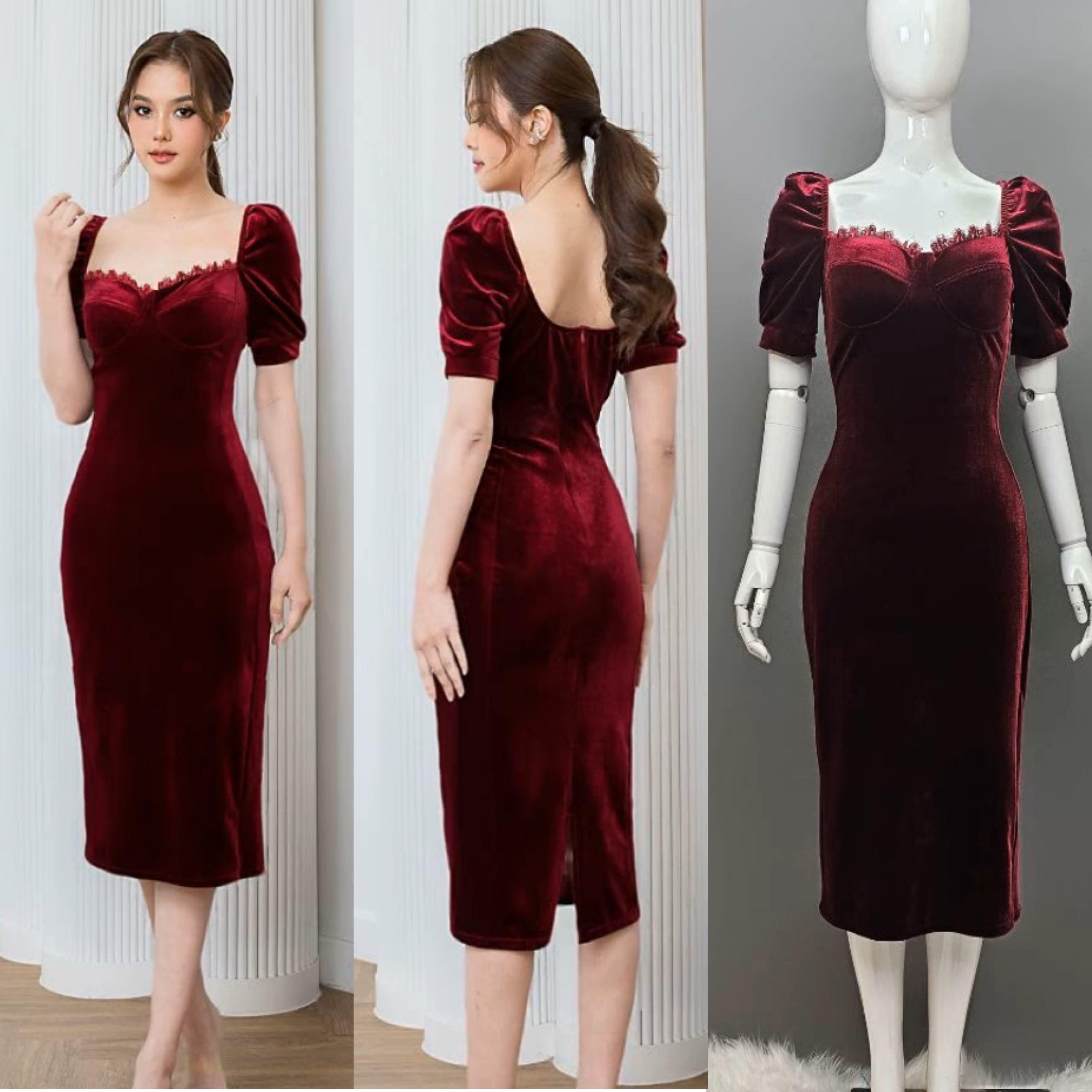 เดรสเสื้อคอกว้างแขนตุ๊กตา กระโปรงทรงสอบ ตรงอกเสื้อมีโครง แต่งด้วยลูกไม้เชิงเพิ่มความเซ็กซี่feminine ใส่สบาย : สินค้าคุณภาพ (พร้อมส่ง)