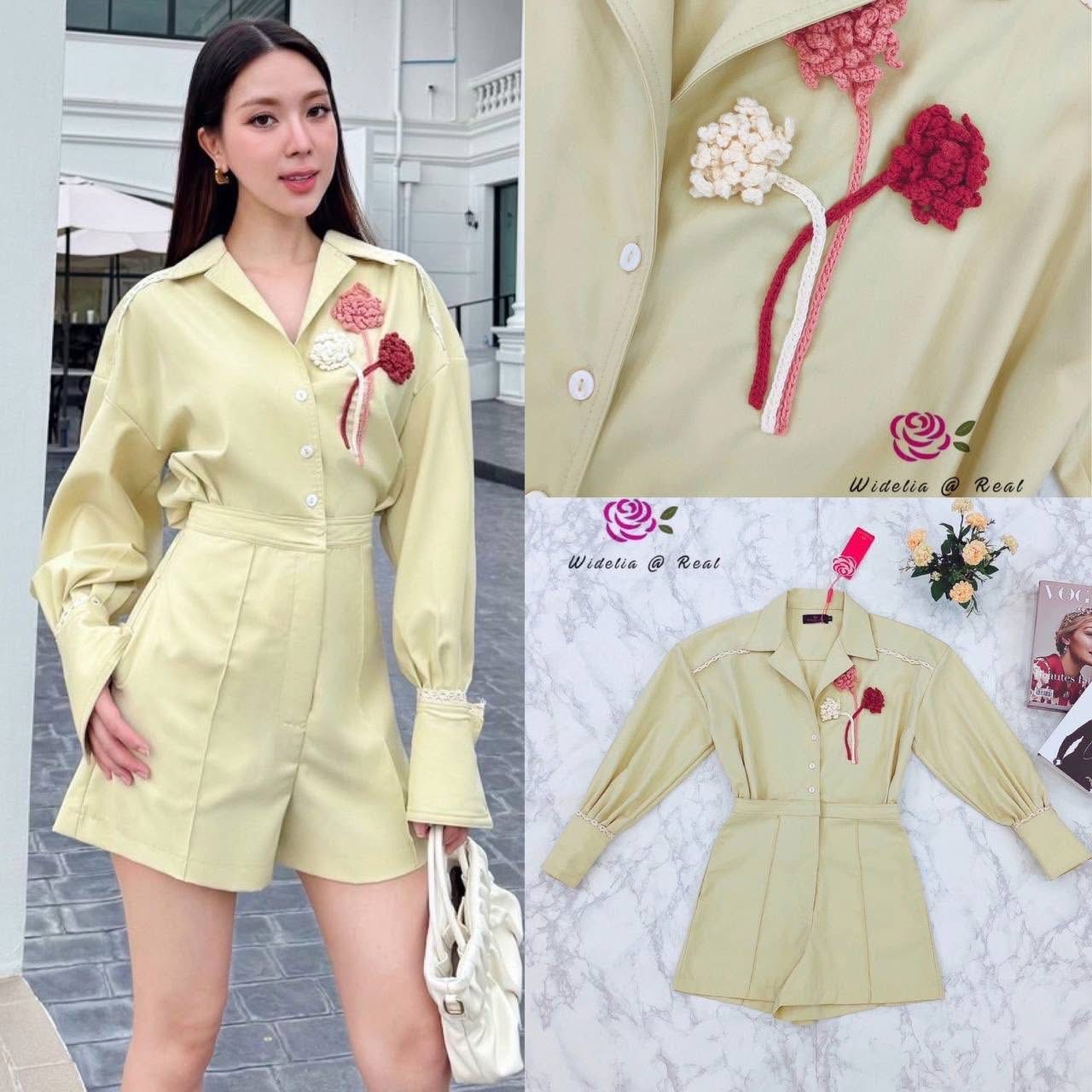 จั้มสูทขาสั้น แขนยาว ปกคอเชิ้ต อกเย็บดอกไม้ป๊อปอัพ กระดุมหน้า ใส่สบาย : สินค้าคุณภาพ (พร้อมส่ง)